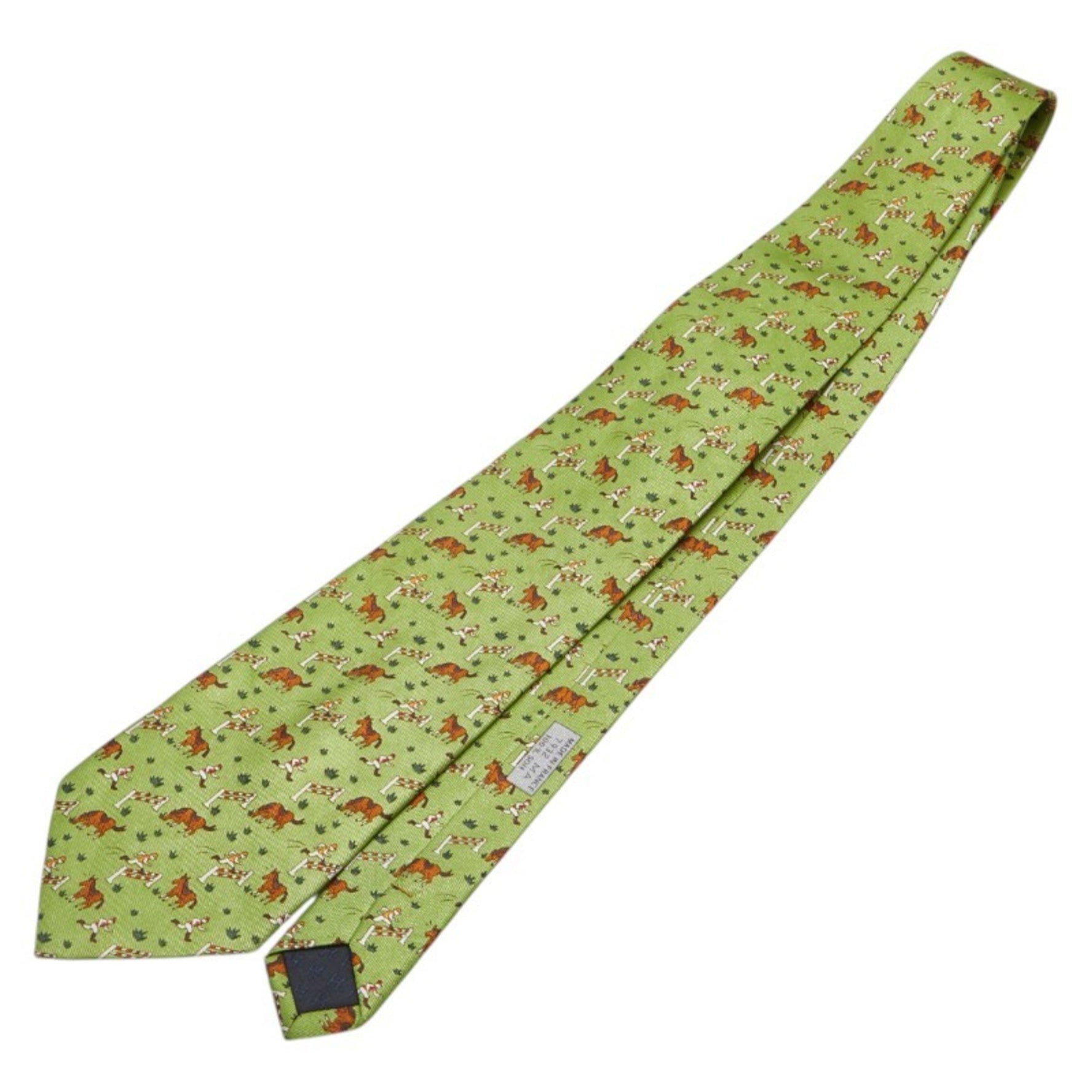 Hermes Hermès Horse Equestrian Motif Tie in Green, Brown, and Multicolor Silk
