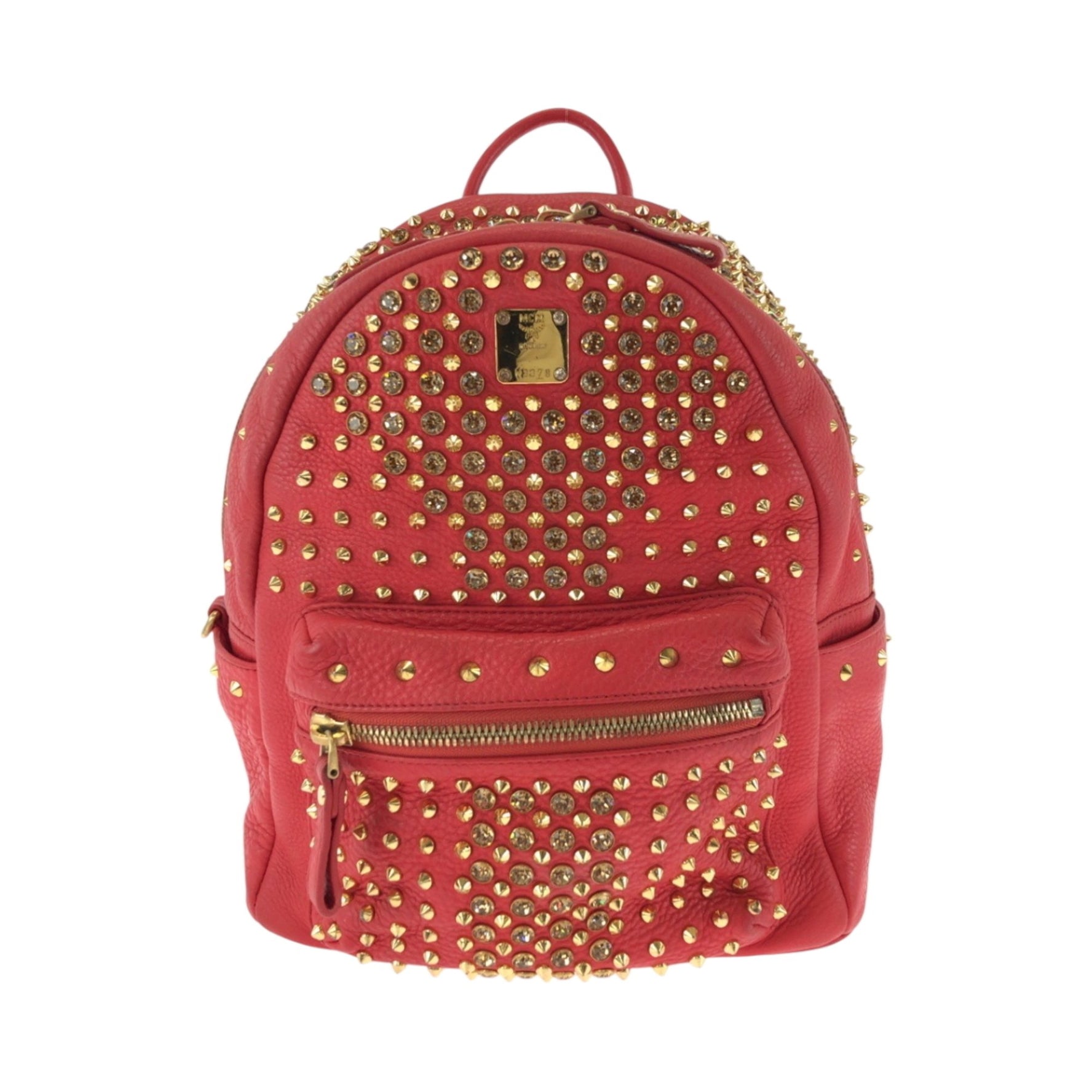 MCM Studded Red Gold Hardware Leather Rucksack Backpack