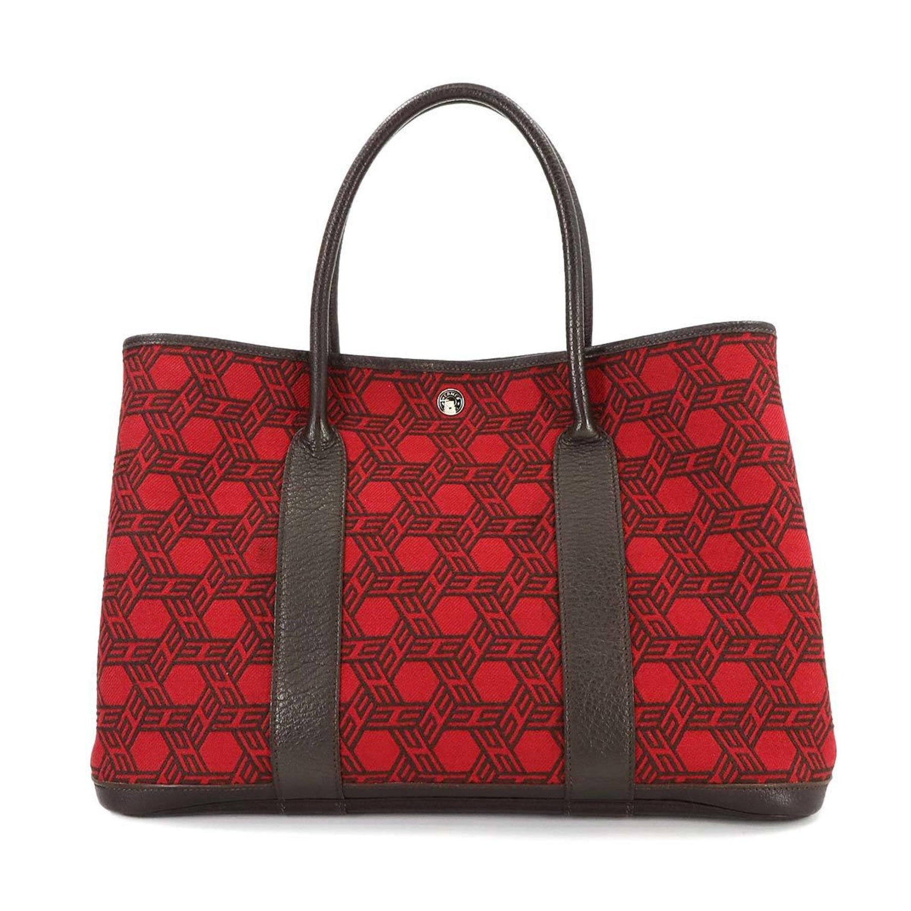 Hermes Hermès Garden PM Tote Bag in Toile Sauvage H Leather with Brown Rouge Garance, K Stamp, and Silver Hardware.