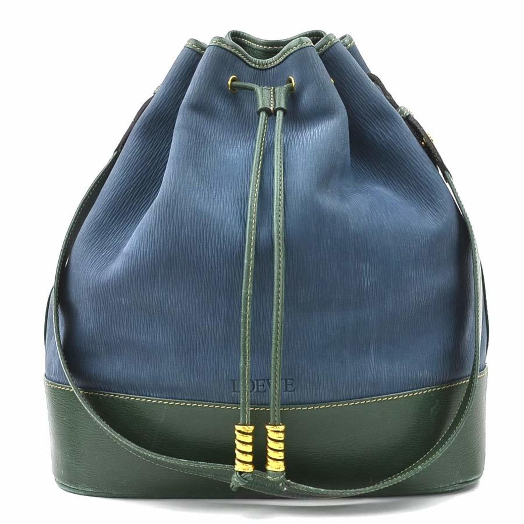 LOEWE Shoulder Bag Nubuck Leather Dark Blue Green Gold