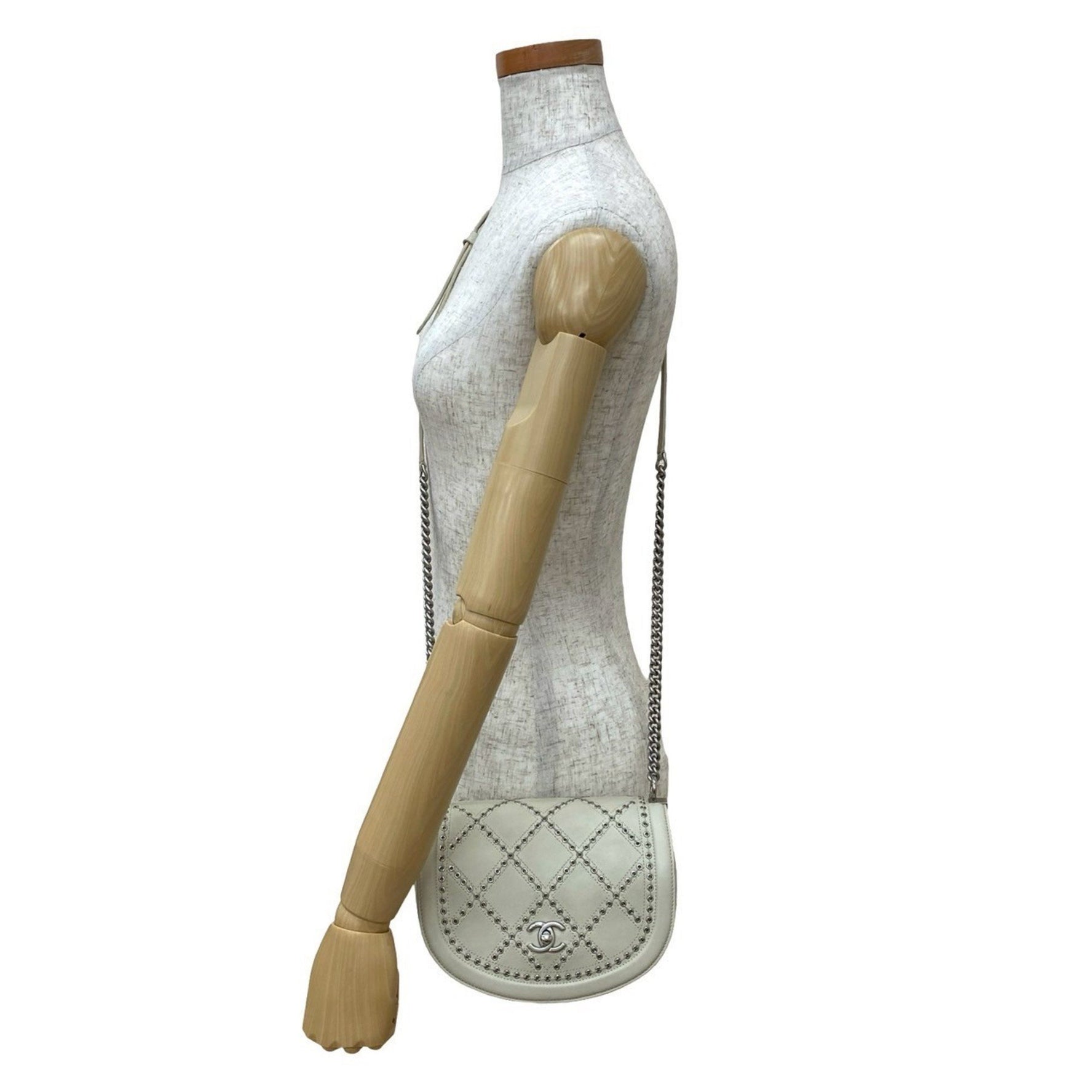 CHANEL Coco Mark Punched Stitched Leather Chain Shoulder Bag, Ivory