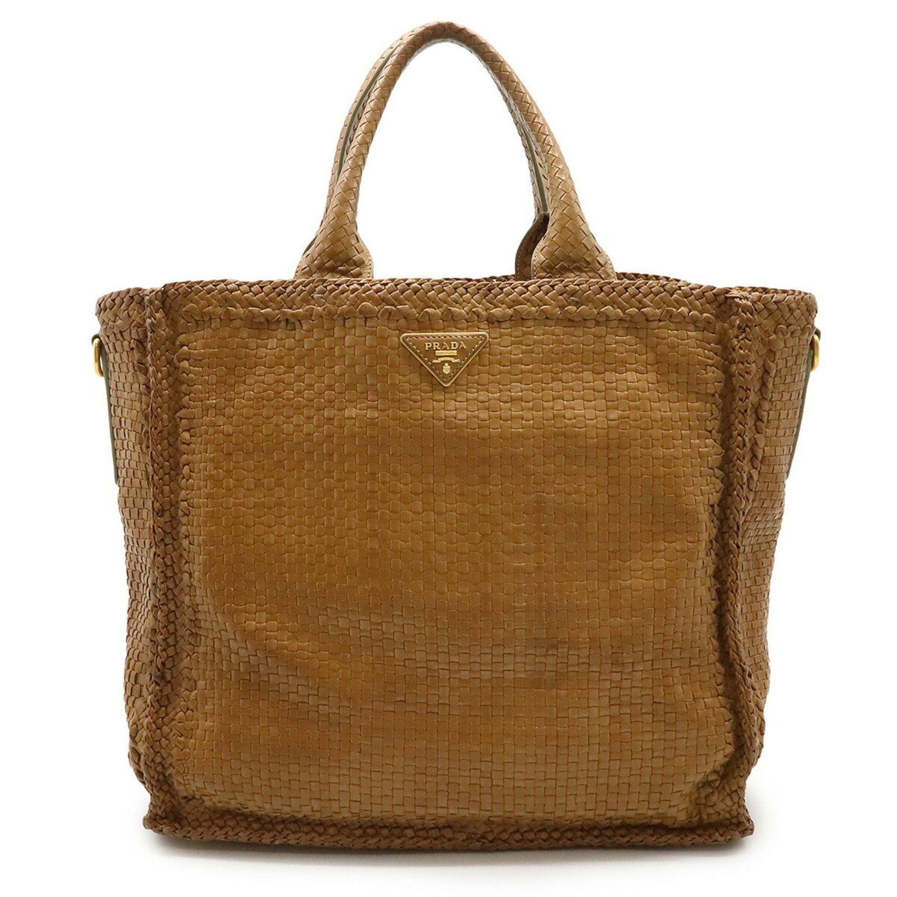 PRADA MADRAS Tote Bag Leather Camel Light Brown