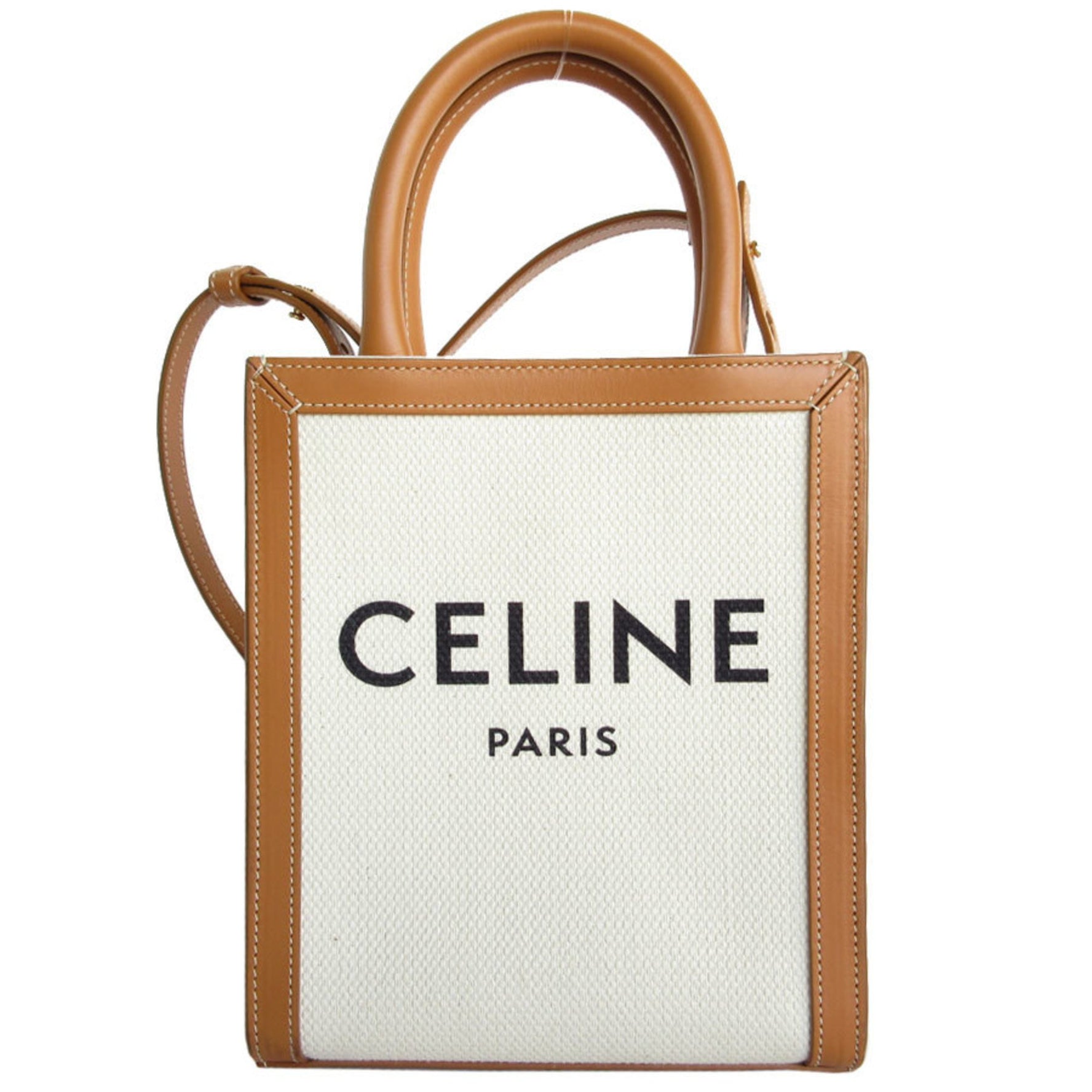 CELINE Handbag Shoulder Bag Vertical Cabas Canvas Leather Natural Gold