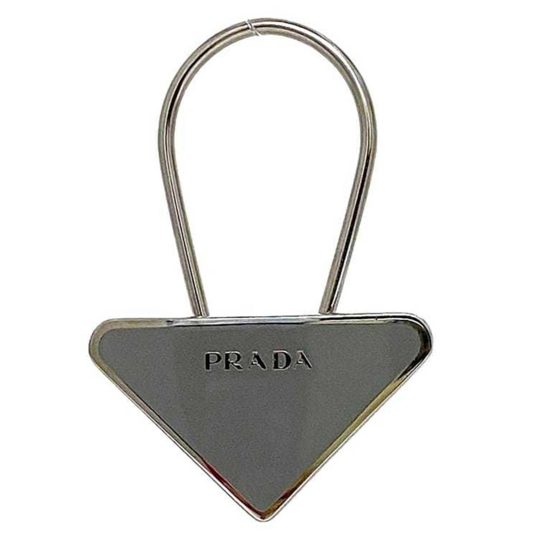 Prada Key Ring Silver Grey Metal Holder Triangle Plate Women Men Bag Charm Box
