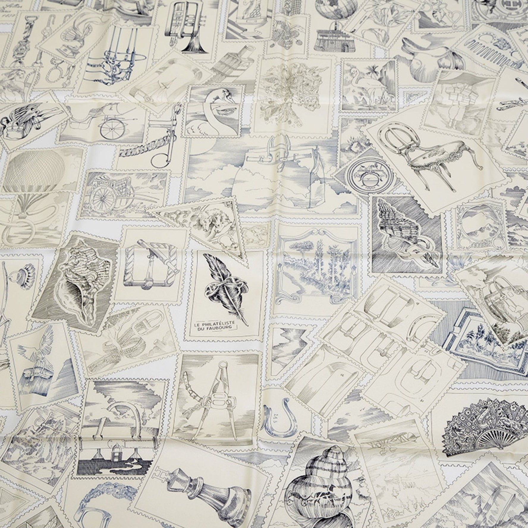 Hermes Hermès Carré 90 Scarf/Muffler, Faubourg Stamp Lover, Silk, Grey, Parchemin, White, BP