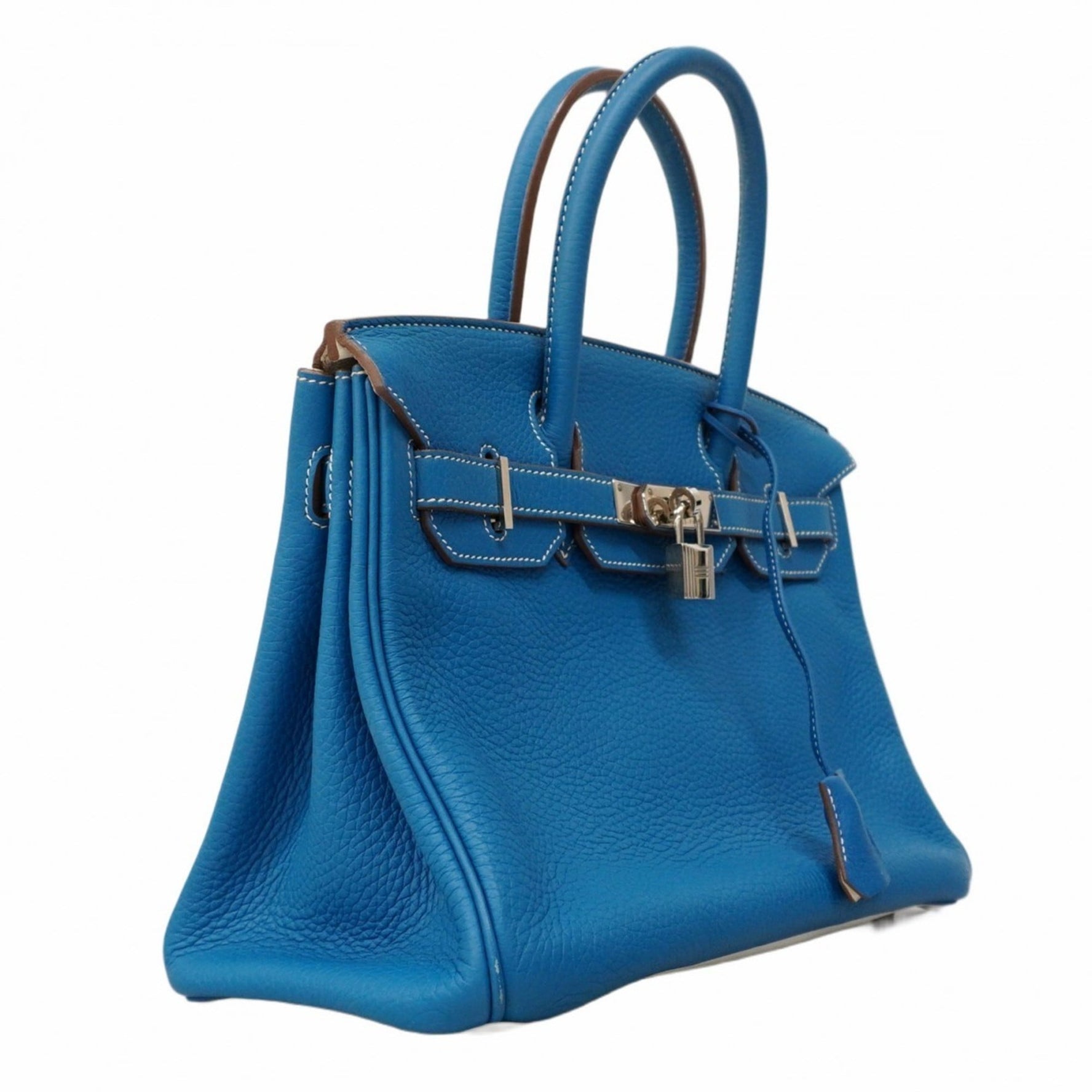 Hermes Hermès Birkin 30 Handbag, Taurillon Clemence Leather, White, Blue, Mykonos, O Stamp, Women's