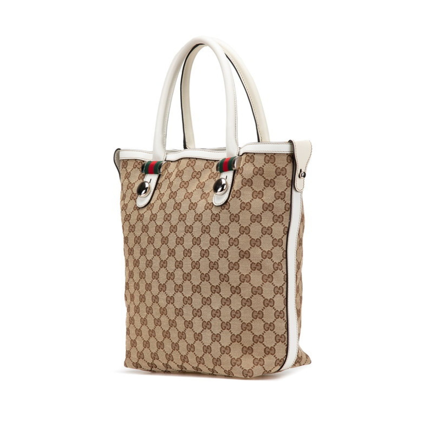 Gucci GG Canvas Sherry Line Tote Bag Beige White Leather