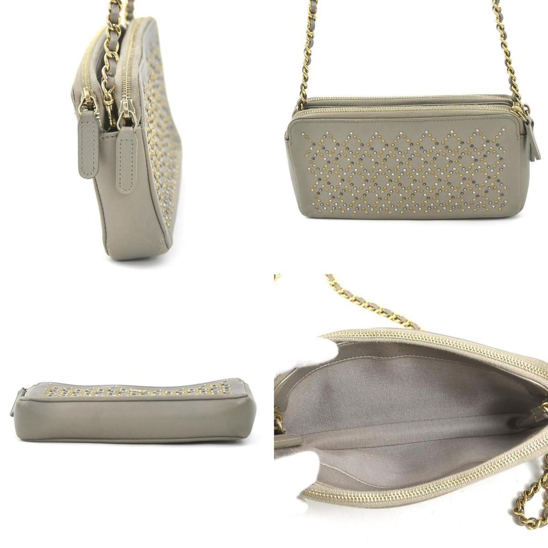 CHANEL Shoulder Bag Pochette Coco Mark Leather Grey