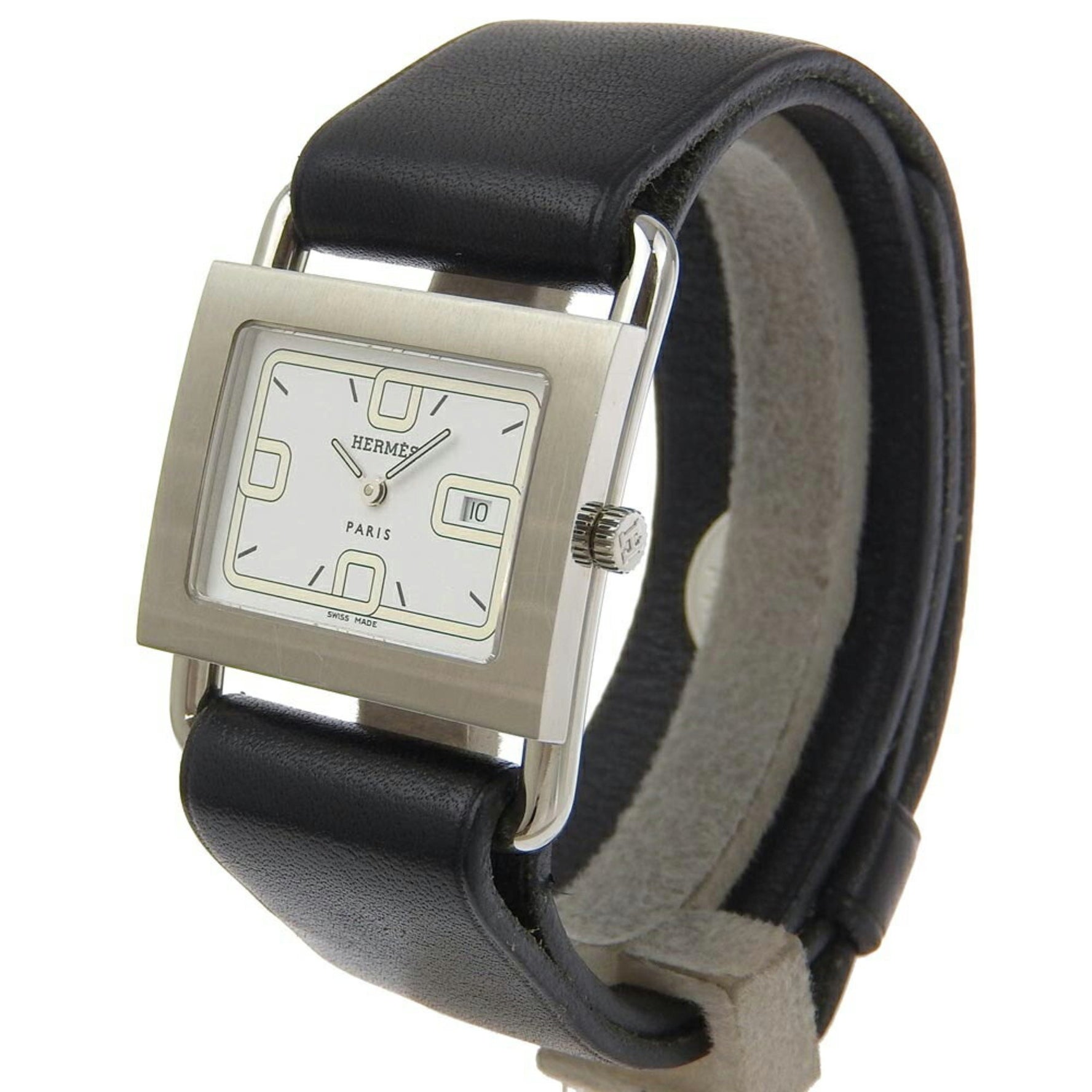 Hermes Valenia Watch Stainless Steel x Embossed Leather Quartz Analog Display White Dial Ladies