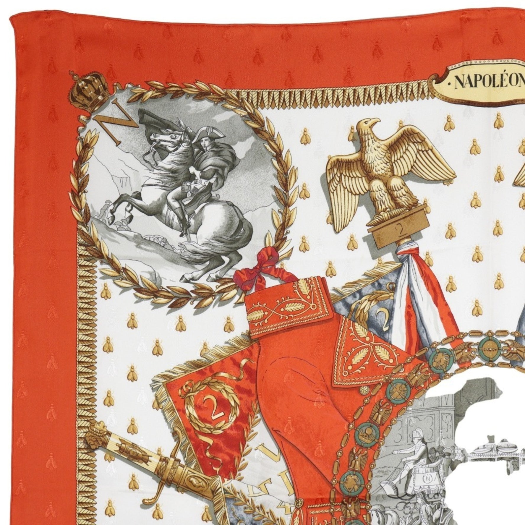 Hermes Scarf Muffler NAPOLEON Silk White/Orange