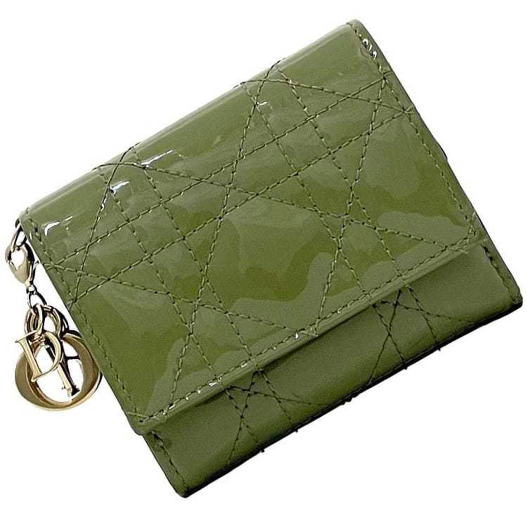 Christian Dior Tri-fold Wallet Khaki Green Lady Cannage Patent Leather Stitching Charm Compact Metal Fittings