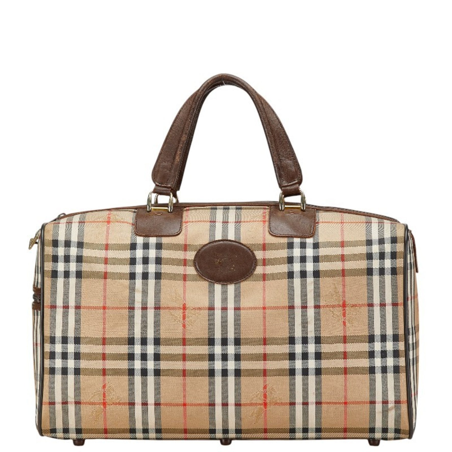 Burberry Nova Check Shadow Horse Boston Bag Travel Beige Brown Canvas Leather