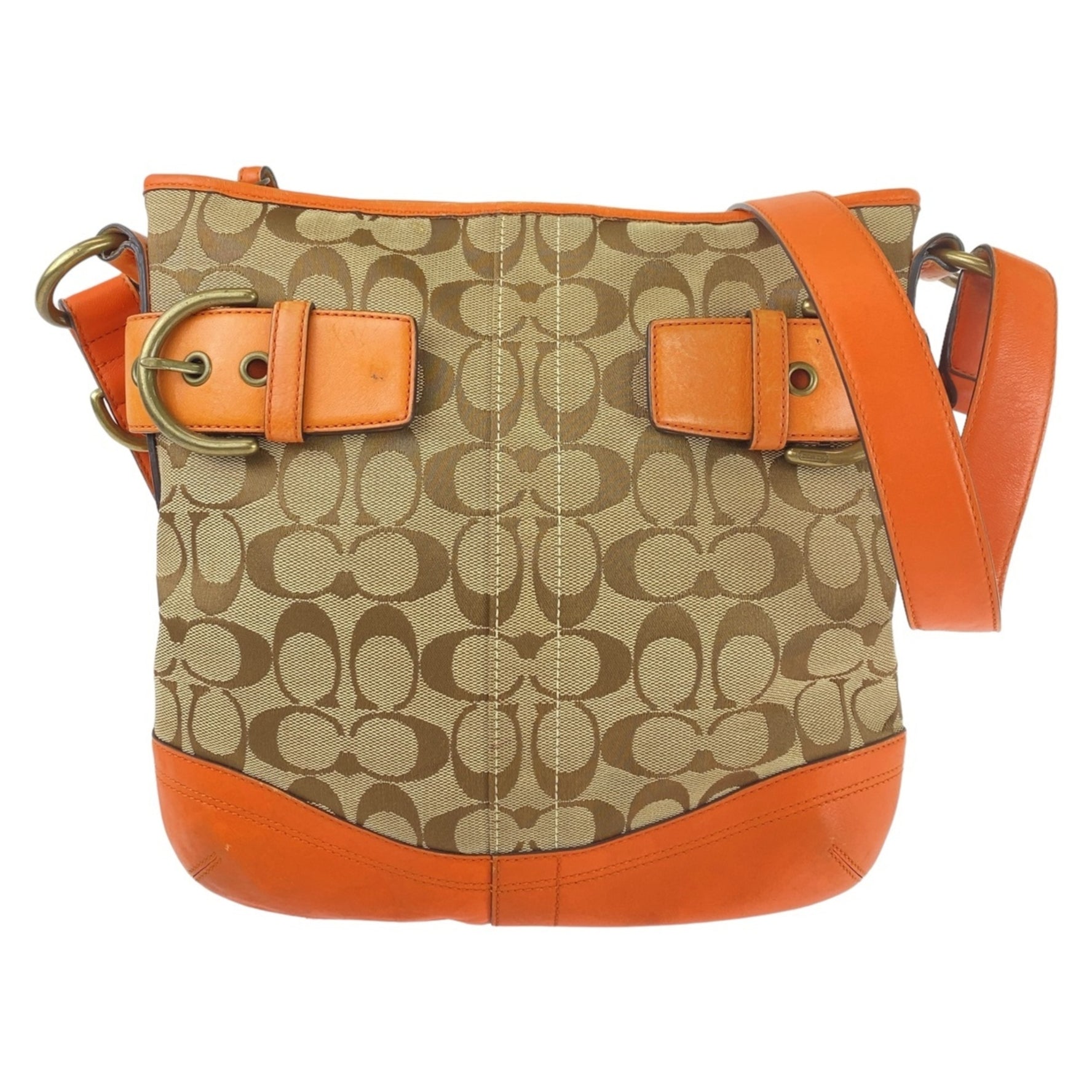 COACH Signature Orange Beige Gold Hardware Canvas Leather Shoulder Bag Pochette Crossbody