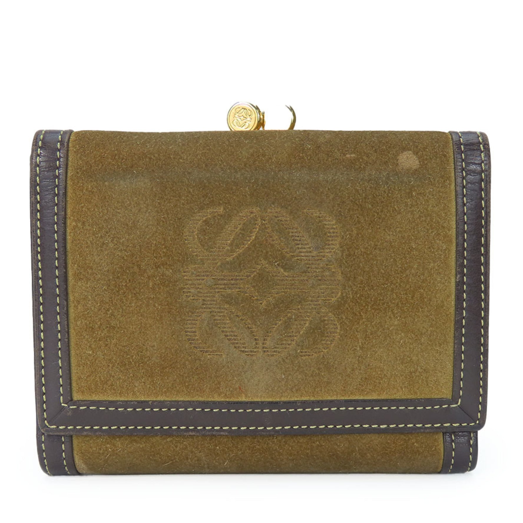 LOEWE Tri-fold Wallet Suede Leather Khaki Brown Anagram Accessory