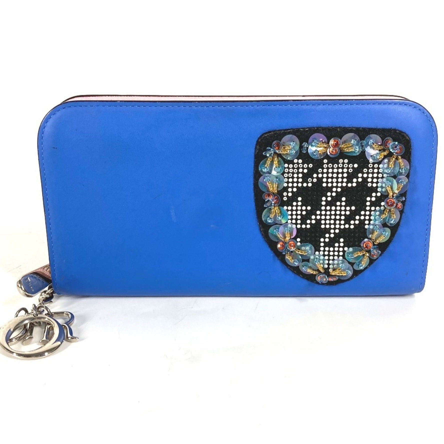 Christian Dior Dior Beaded Rhinestone Round Zip Long Wallet Leather Blue
