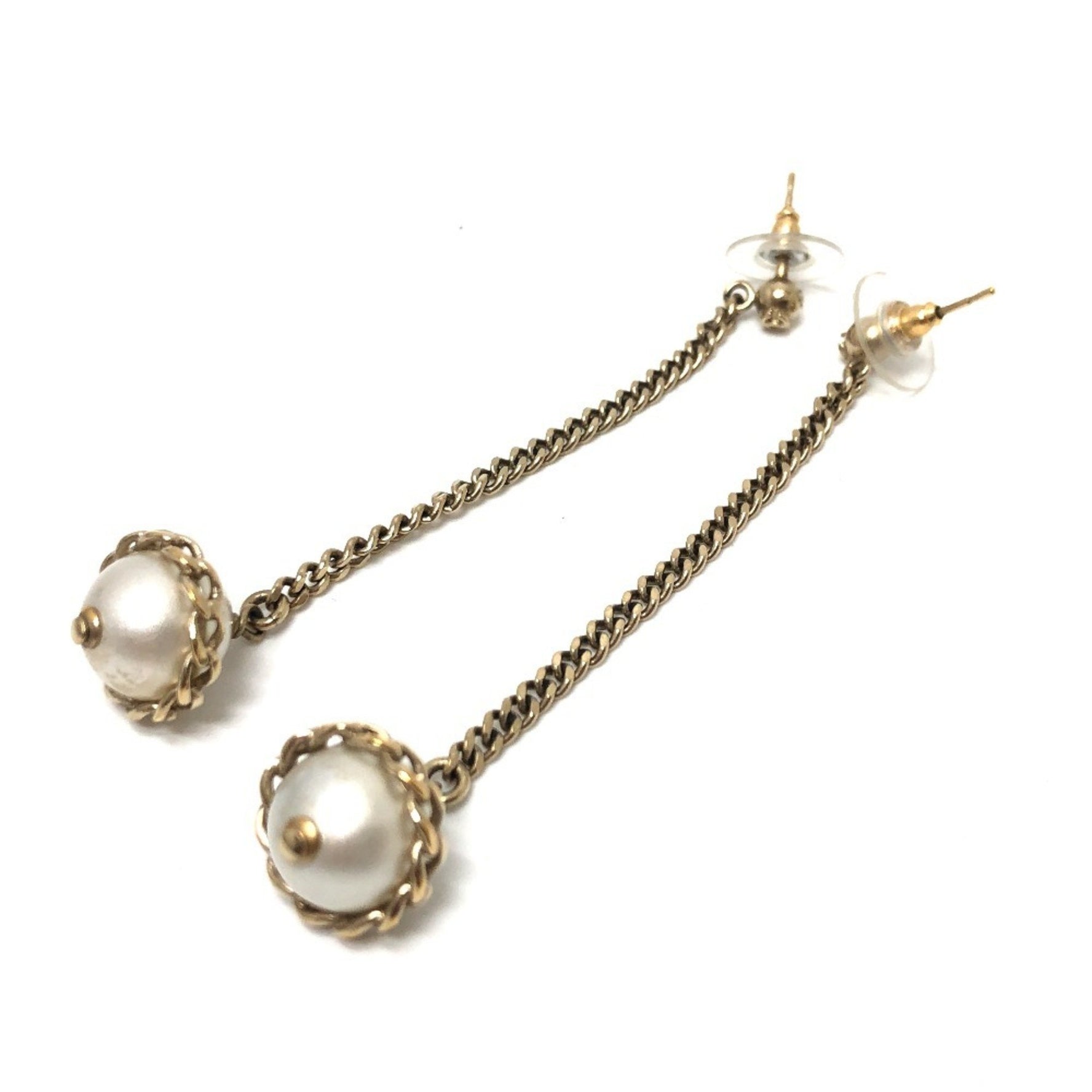 CHANEL Faux Pearl Chain Earrings Metal Gold