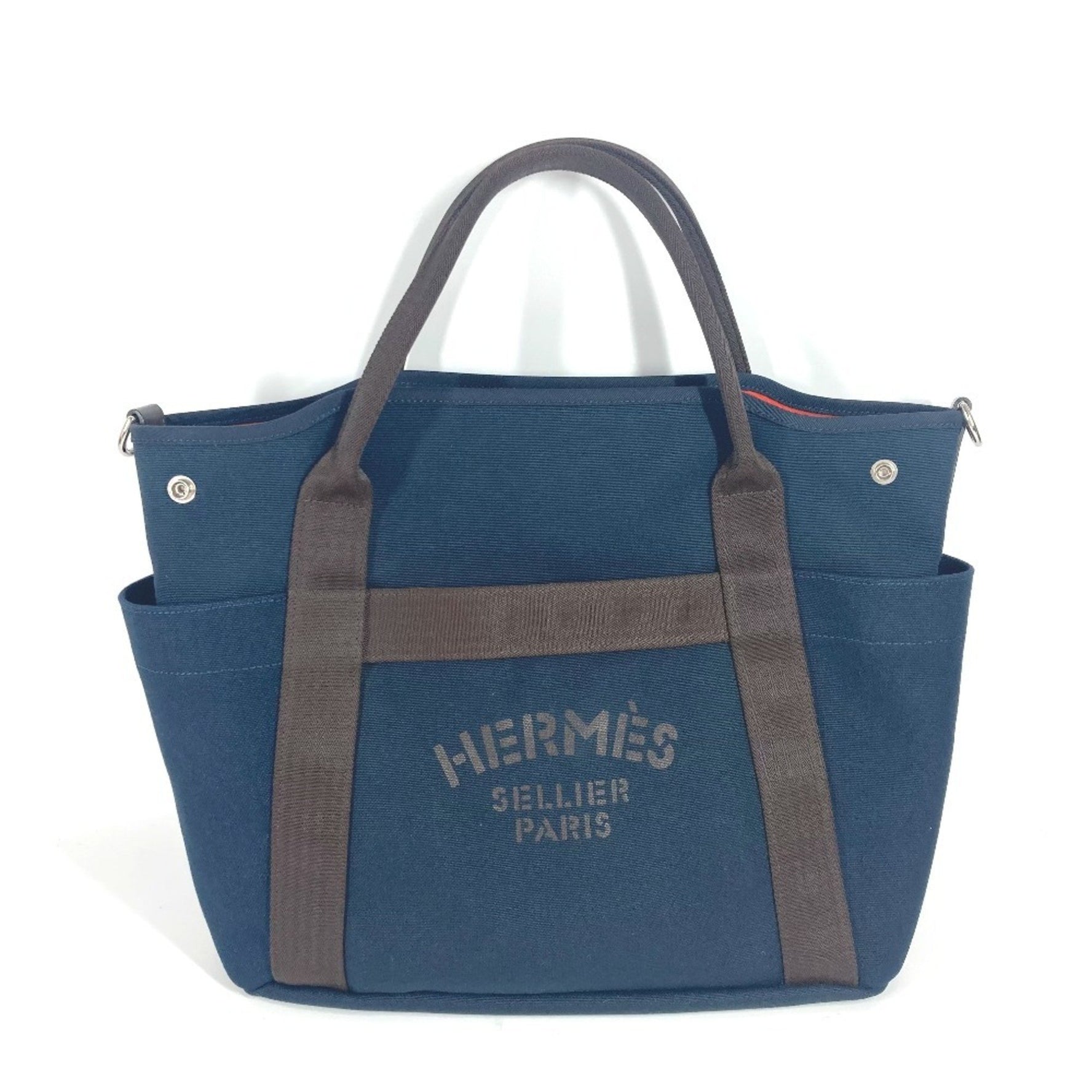 HERMES Sac de Pansage Groom Shoulder Bag Crossbody Tote Leather Canvas Navy