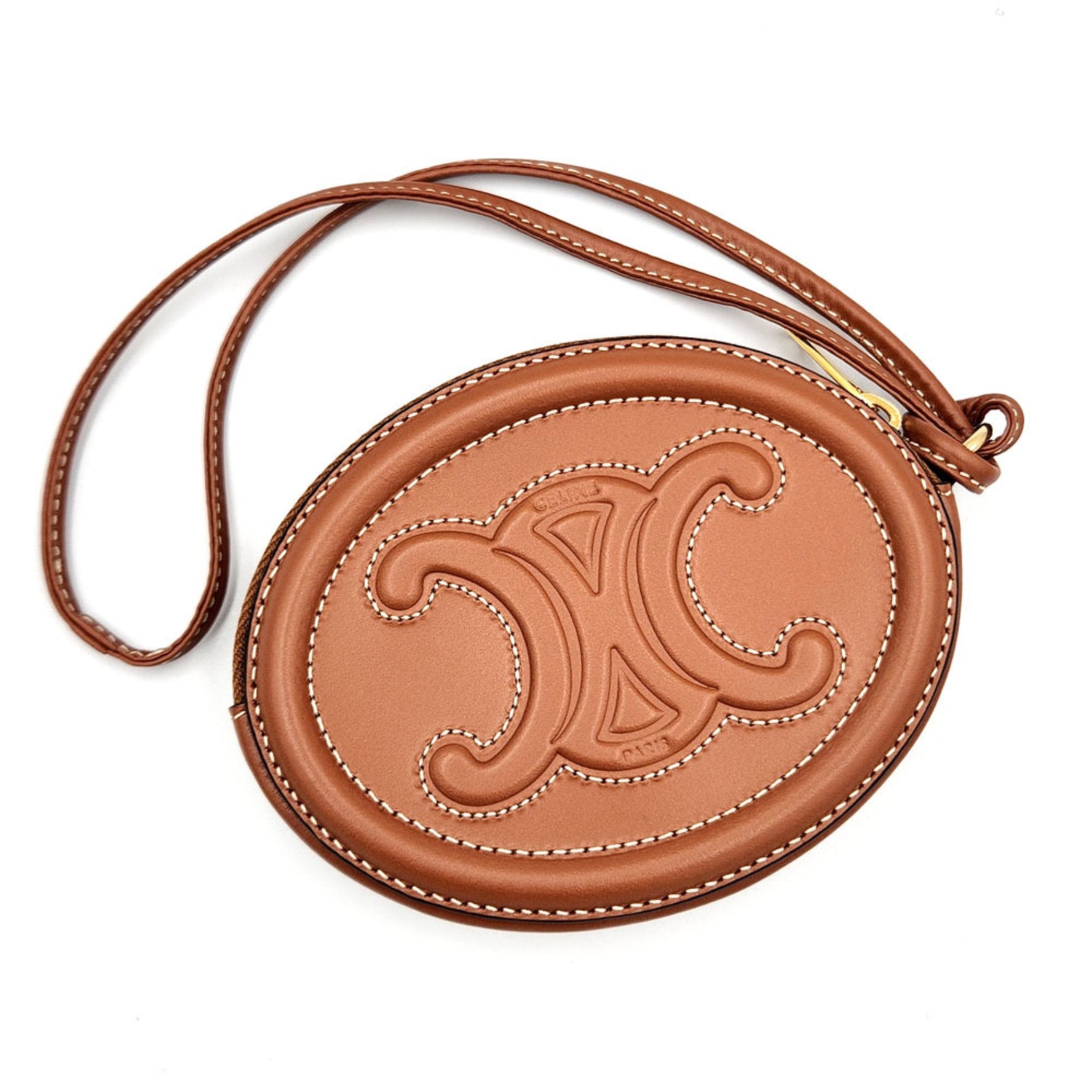 CELINE Triomphe Cuir Wallet/Coin Case Tan Calf Leather S Coin Purse Brown