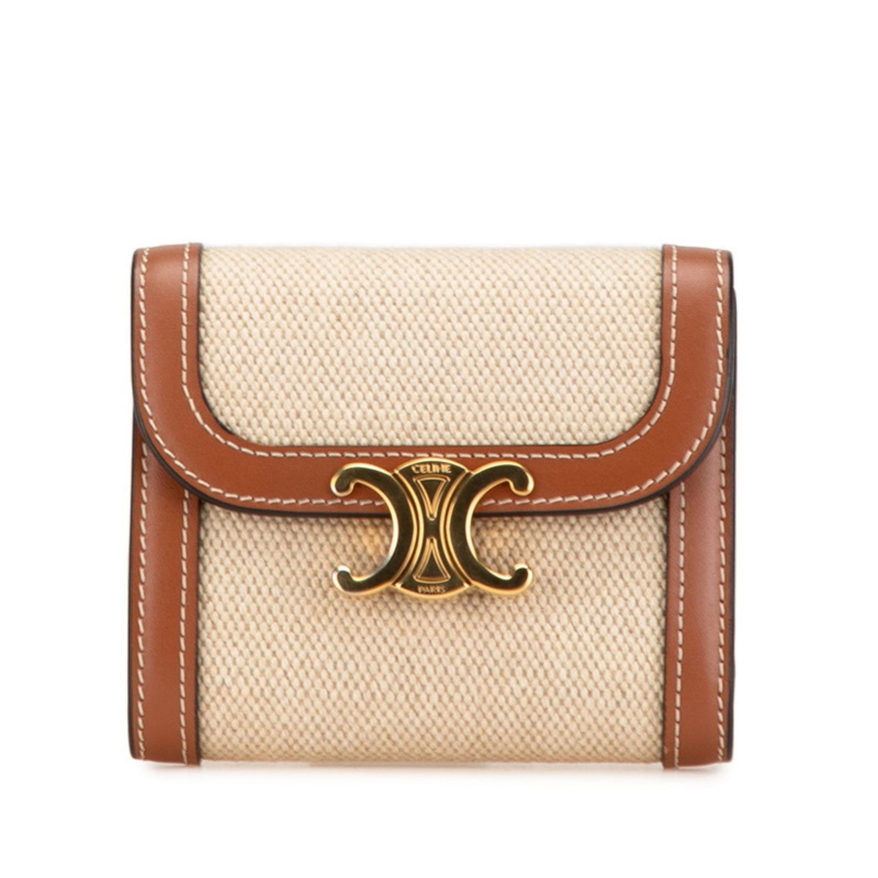 Celine Triomphe Small Flap Wallet Bi-fold Beige Tan Brown Canvas Leather