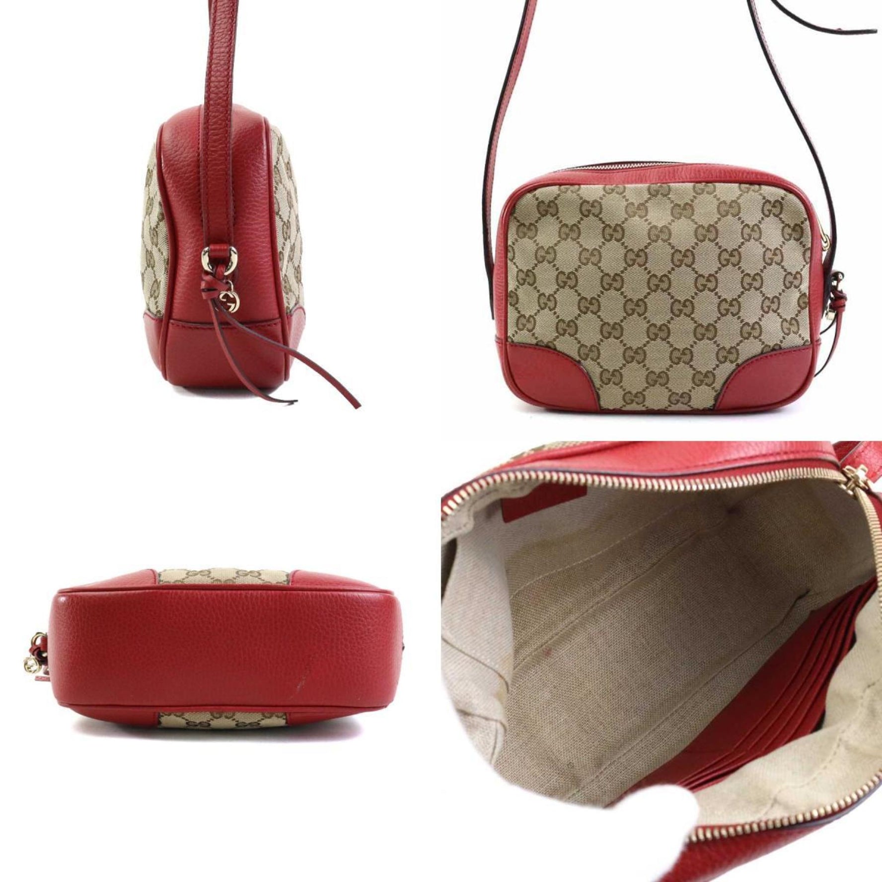 GUCCI Shoulder Bag GG Canvas Leather Beige Brown Red