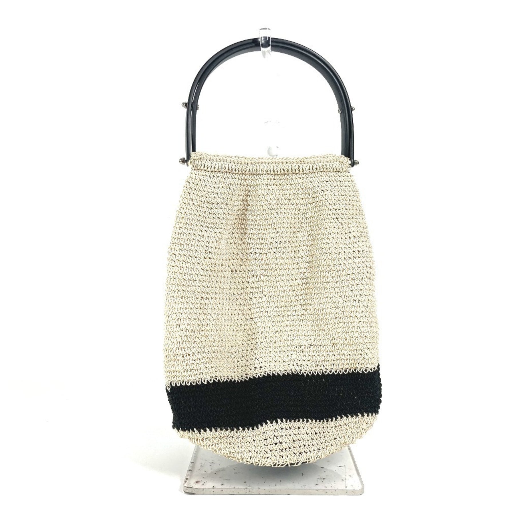 CHANEL Logo Mesh Plastic Handle Bag Handbag Canvas Beige
