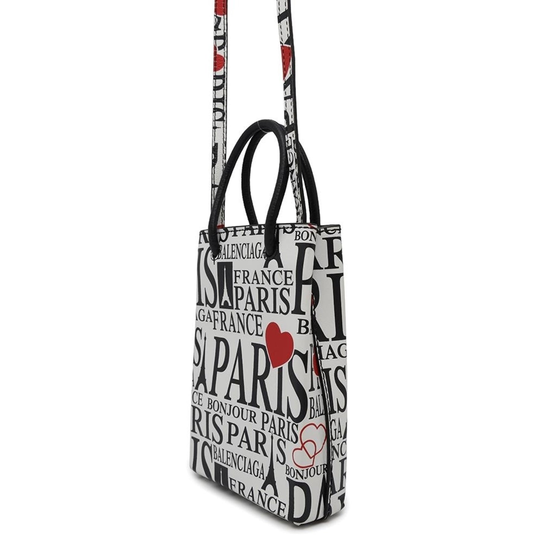 Balenciaga Handbag Bonjour Paris Phone Holder White Black Heart
