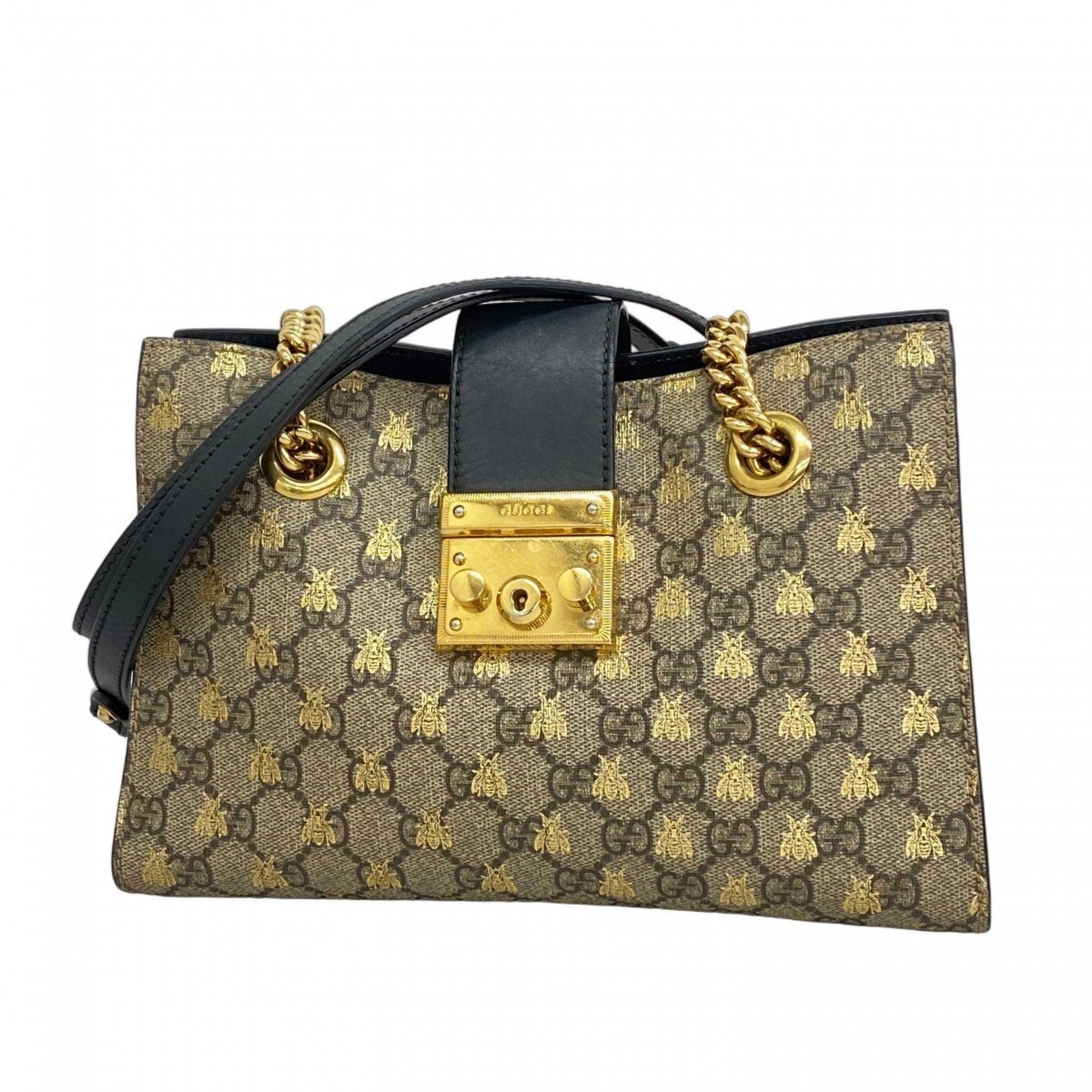 Gucci GG Supreme Padlock Bee Shoulder Bag Brown Black