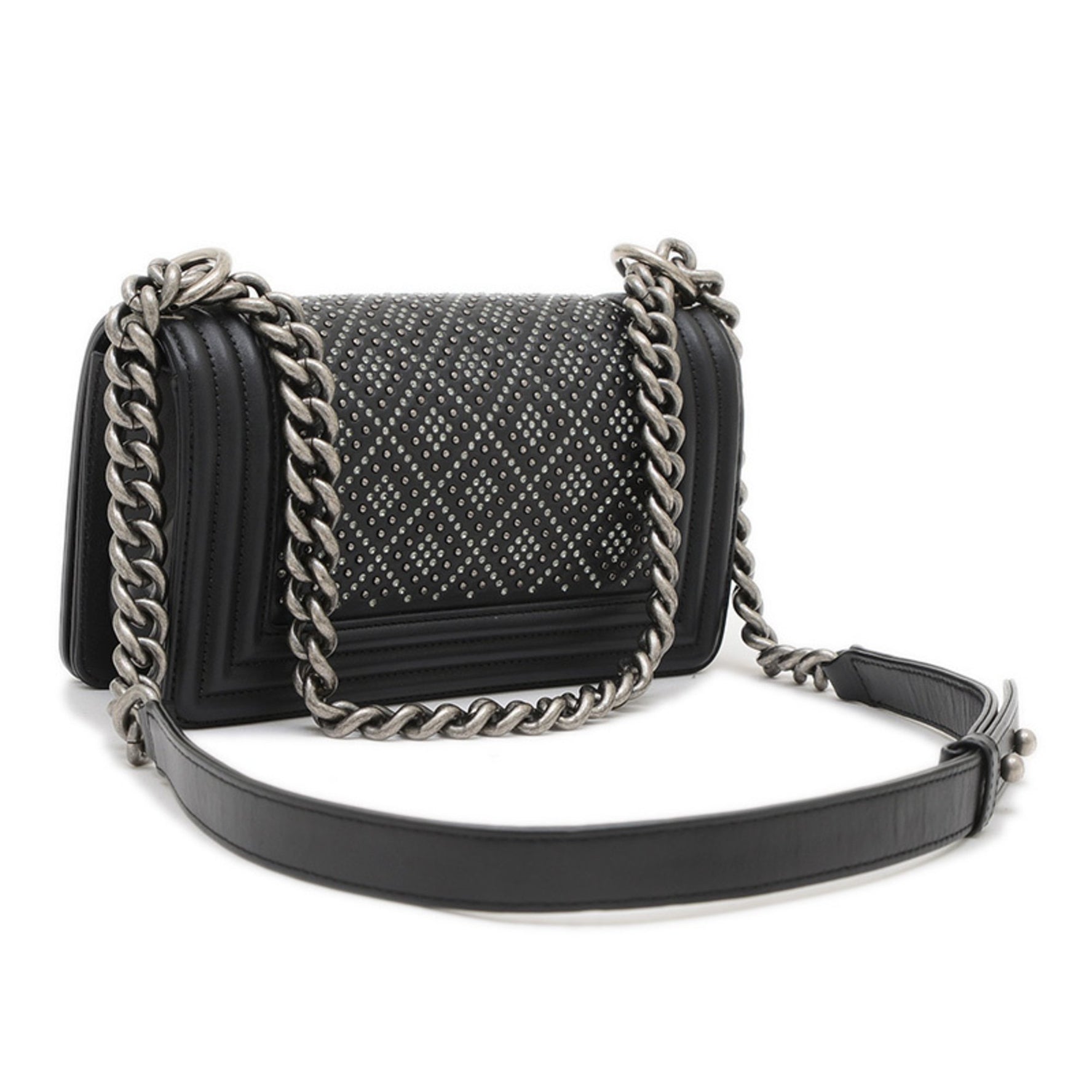 CHANEL Boy 20 Chain Shoulder Bag with Rhinestones and Lambskin in BP)