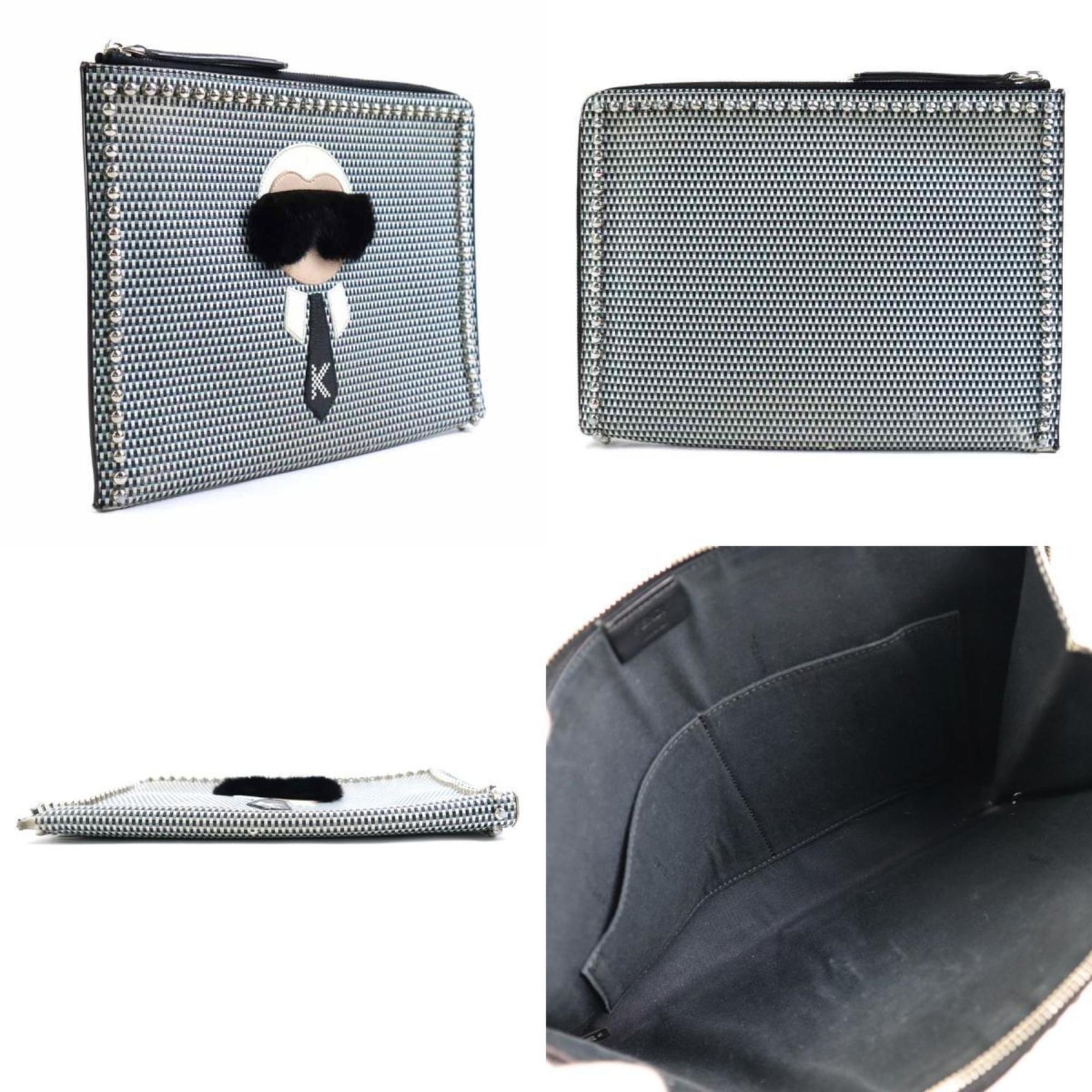 FENDI Clutch Bag Leather/Metal/Fur Black x White Gray Unisex
