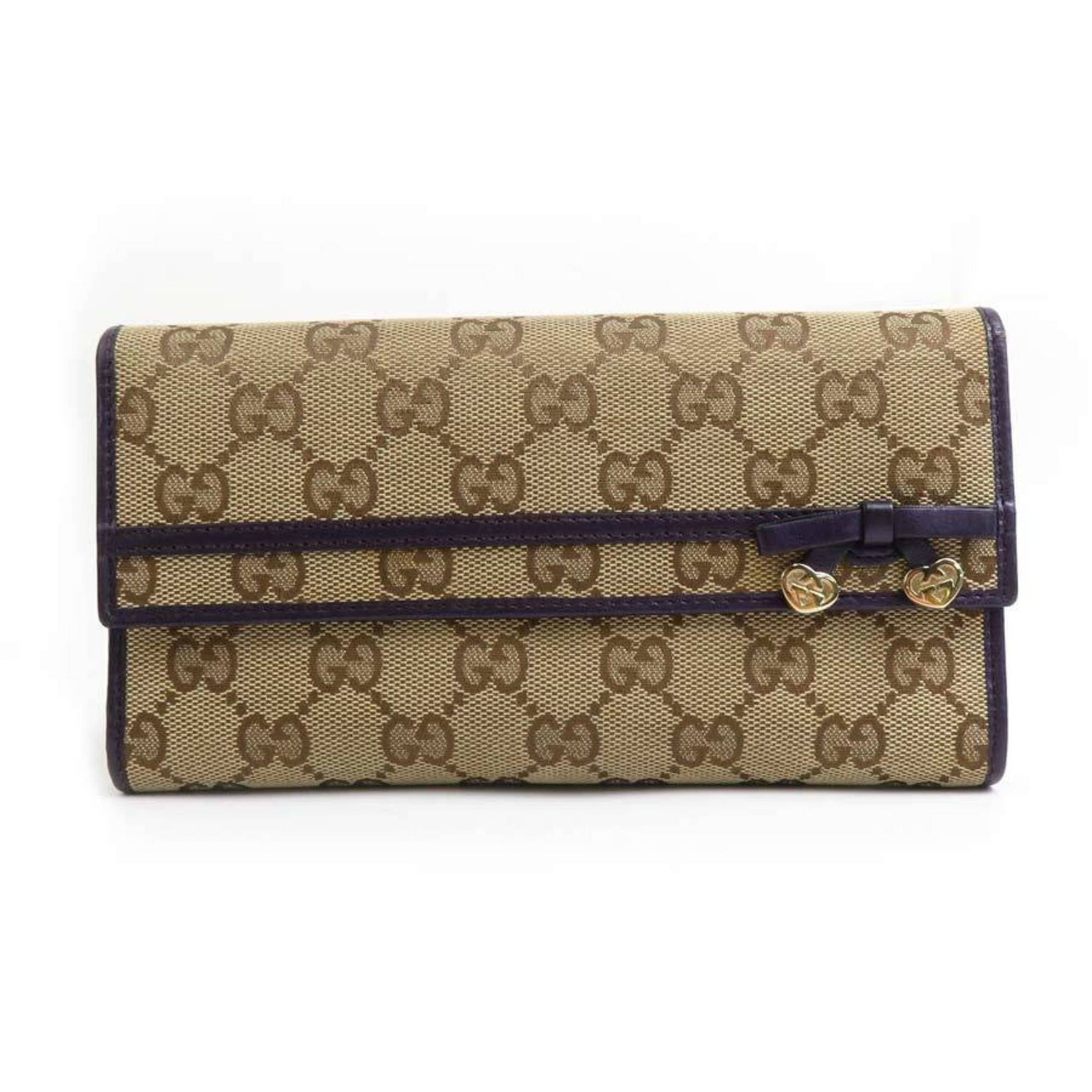 GUCCI Long Wallet Ribbon Heart GG Canvas Leather Beige Purple Gold