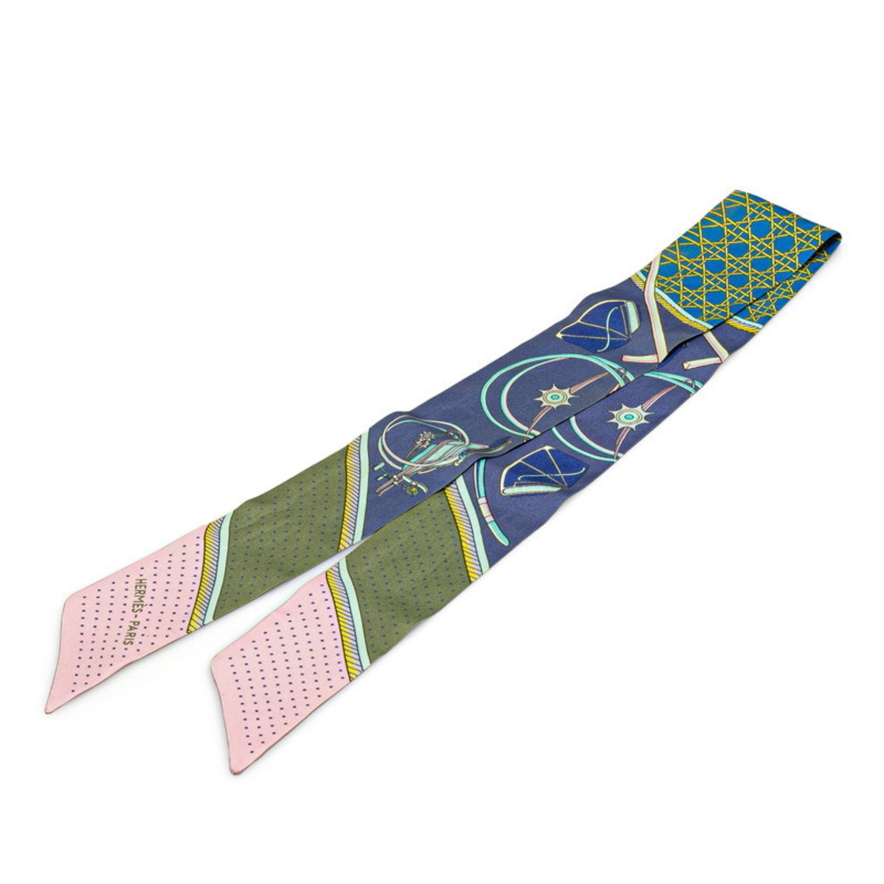 Hermes Twilly LES VOITURES A TRANSFORMATION Folding Carriage Scarf Muffler Pink Multicolor Silk