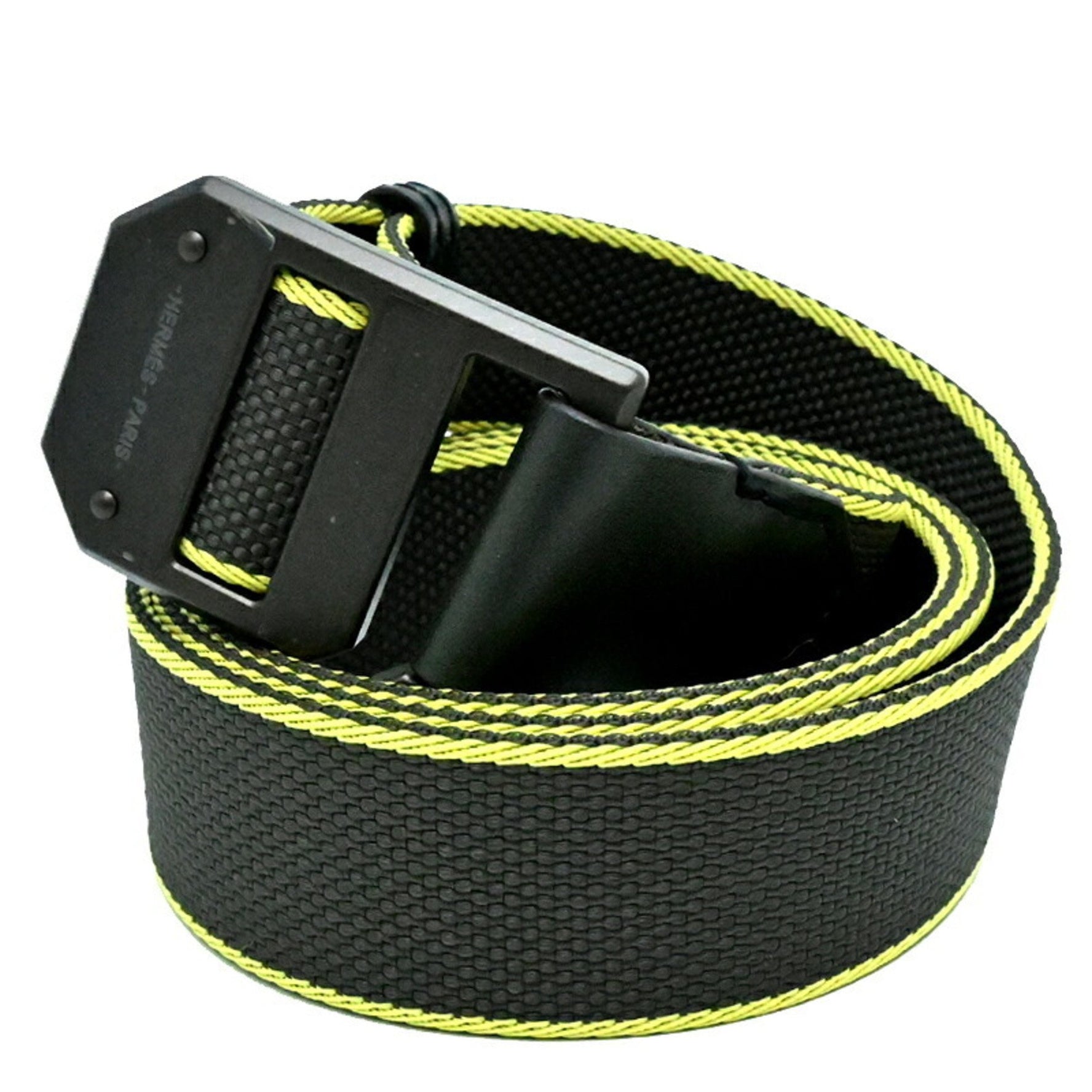 Hermes Hermès Slide 30 Belt #M, B Stamp, Made in 2023, Belt, Hunter/Polyamide/Aluminum, Khaki and Yellow