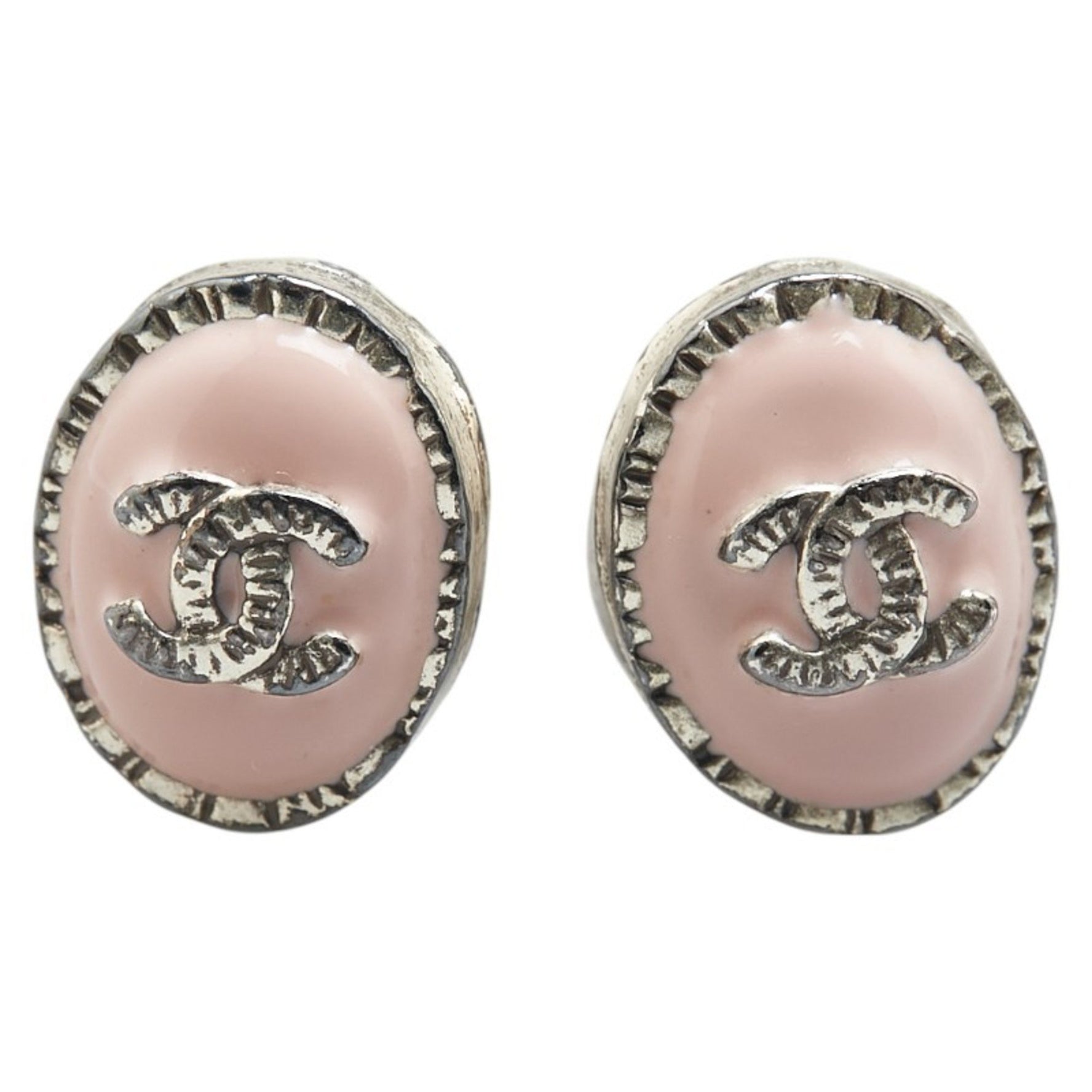CHANEL Coco Mark Oval Earrings Silver Pink Metal