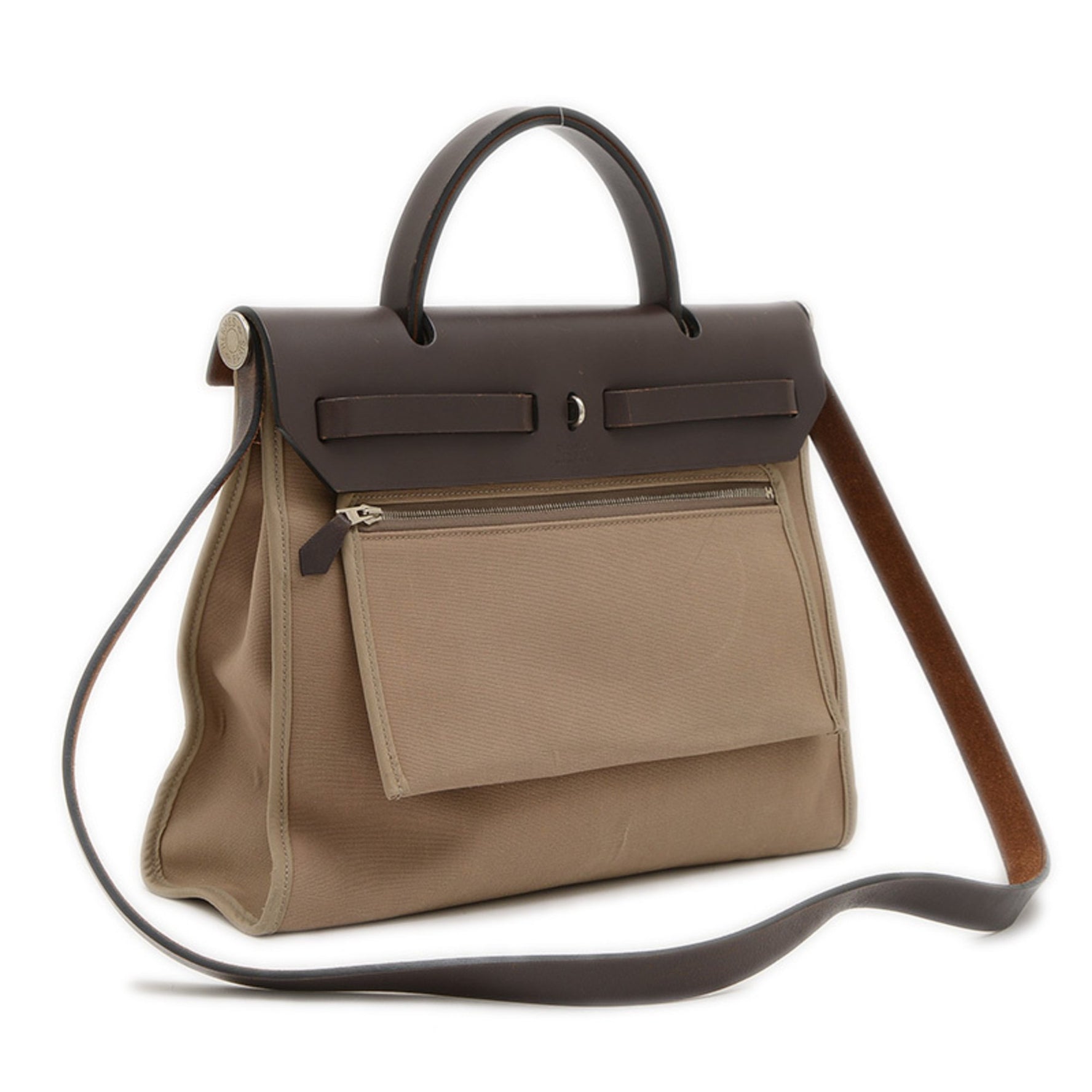 Hermes Airbag Zip PM Handbag Tote Bag Toile Officier Calf Beige Brown T Stamp BP