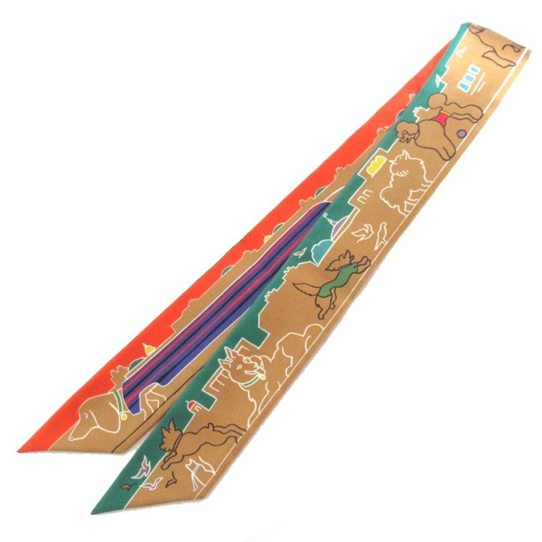 HERMES Les Chiens Parisiens Parisian Dog Silk Twilly Scarf/Muffler, Beige