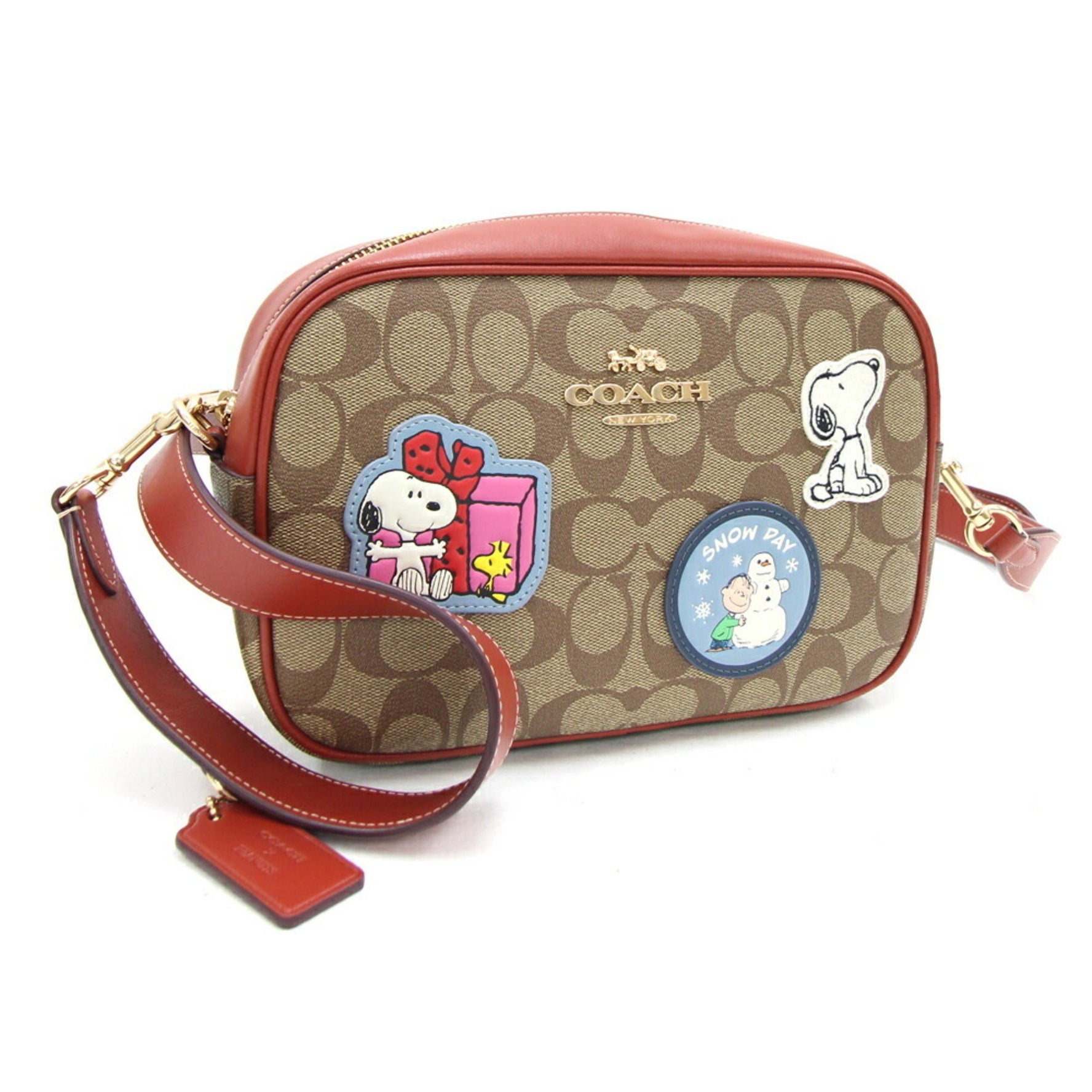 Coach Shoulder Bag PEANUTS Collaboration Jamie Camera Beige Brown PVC Leather Pochette Snoopy