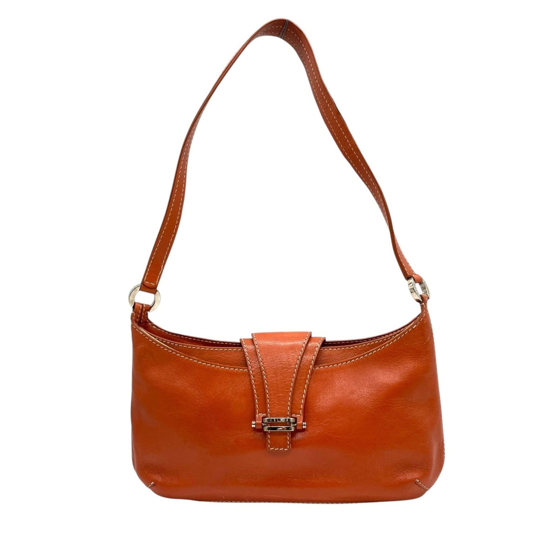 CELINE One-Shoulder Orange Vintage Shoulder Bag with Silver Hardware and Genuine Leather