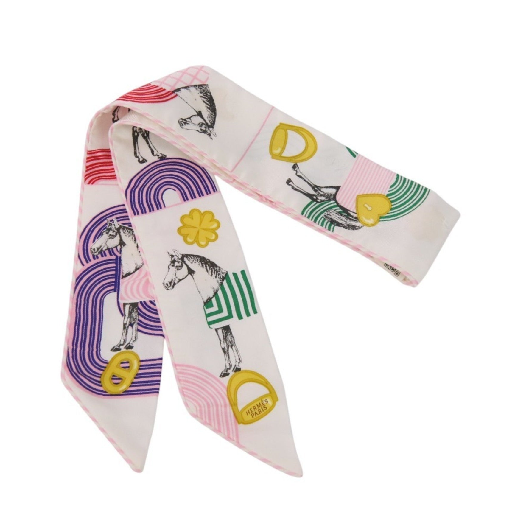 HERMES Twilly Garde Robe Pop Silk Scarf/Muffler in White and Pink