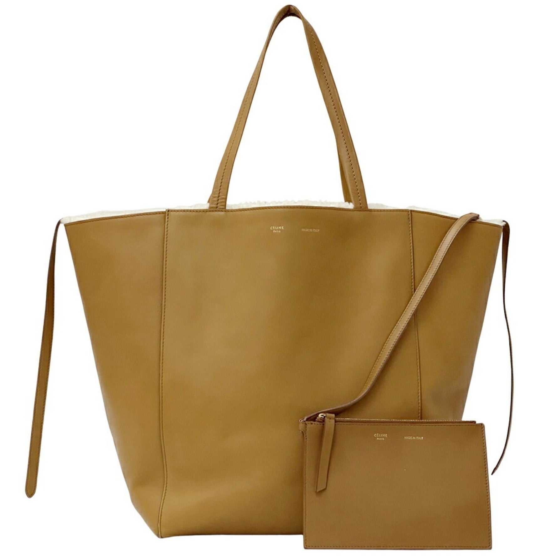 CELINE Cabas Phantom Tote Bag Leather Wool Camel File Fluffy