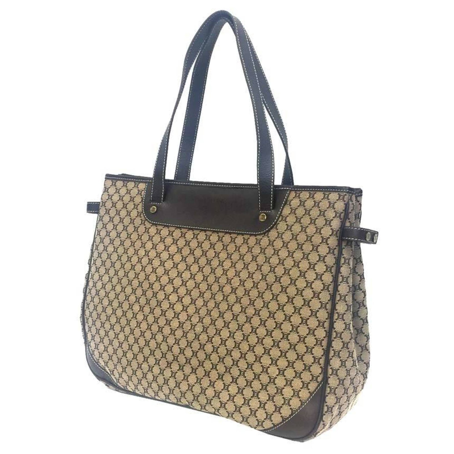 CELINE Tote Bag Macadam Canvas Leather Beige x Brown