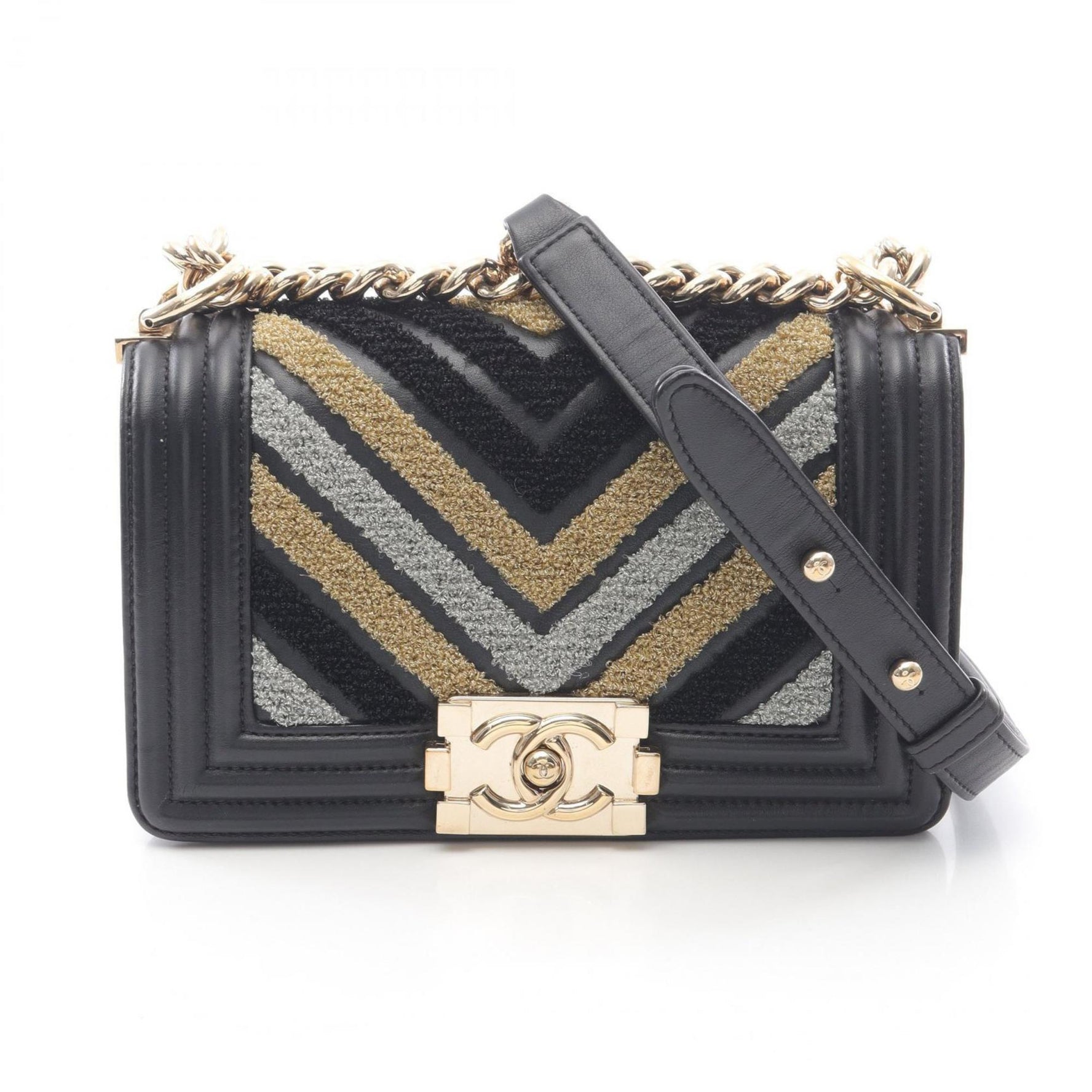 CHANEL Boy Small Shoulder Bag, Leather and Fabric, Black, Multicolor