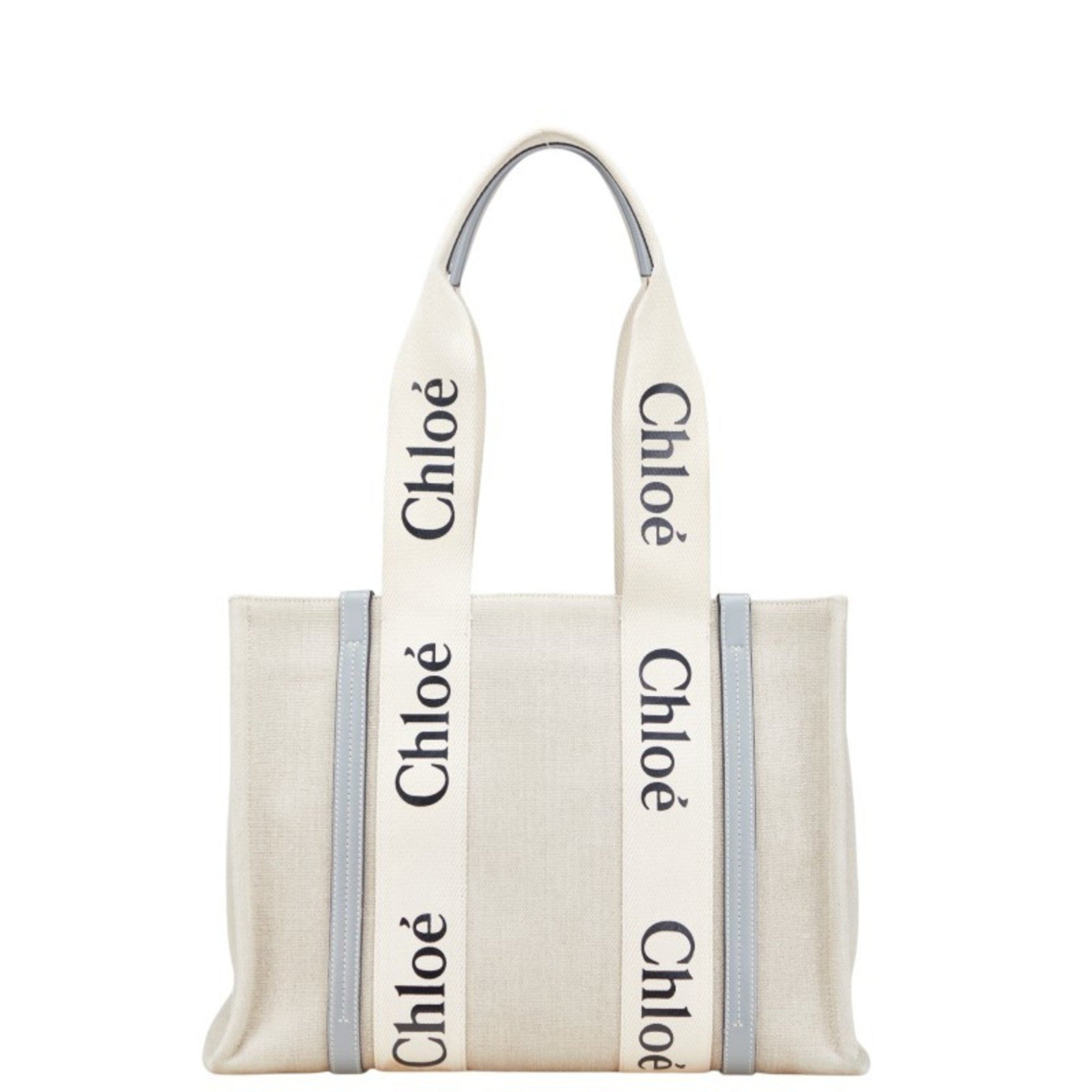 Chloé Chloe Woody Medium Tote Bag Shoulder Beige Blue Canvas Leather