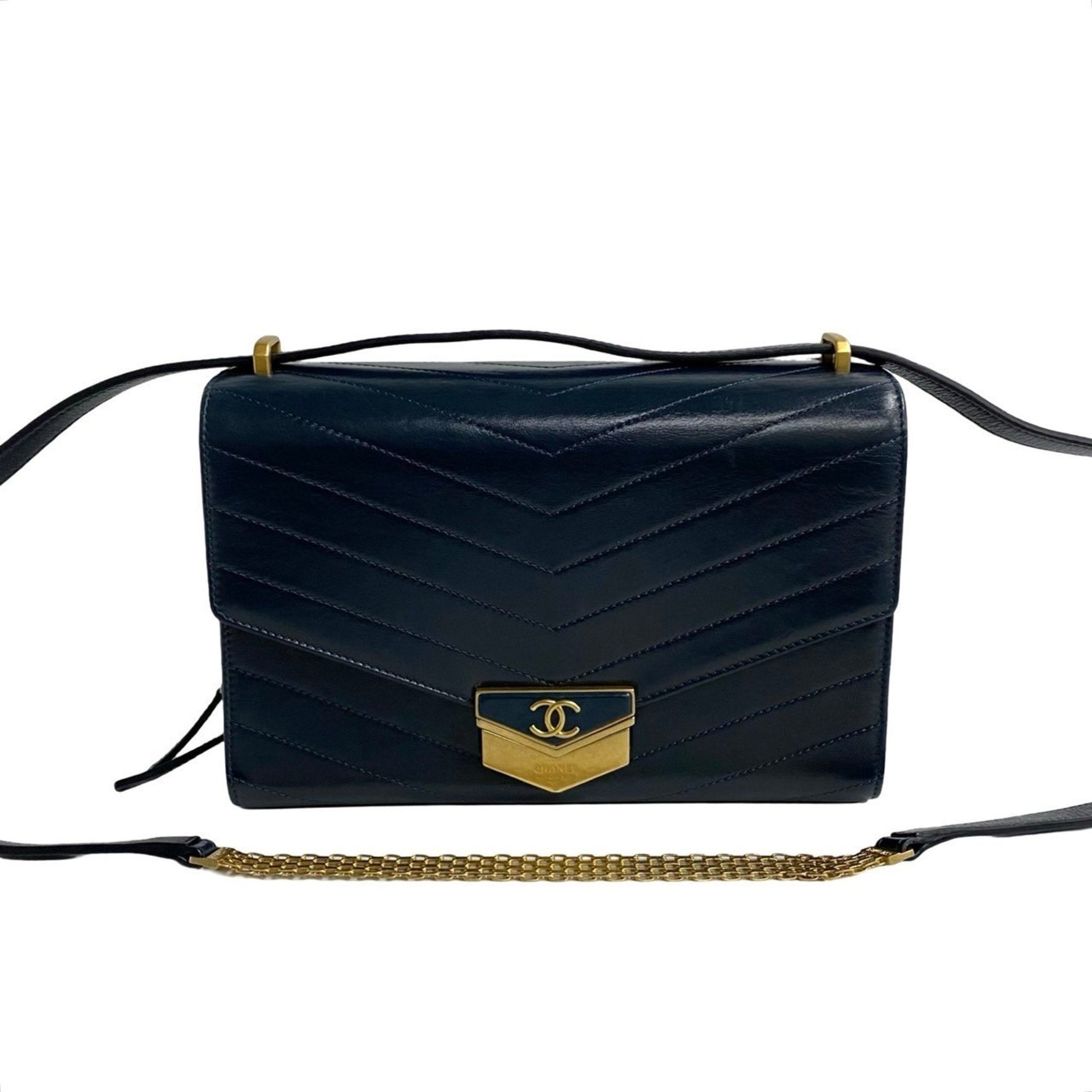 CHANEL Coco Mark V-Stitch Leather Semi-Shoulder Bag/Pochette in