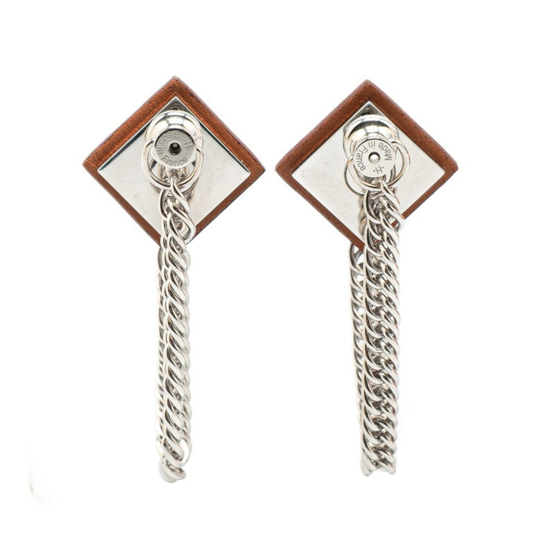 Hermes Gourmet Equestre Earrings Silver Brown Metal