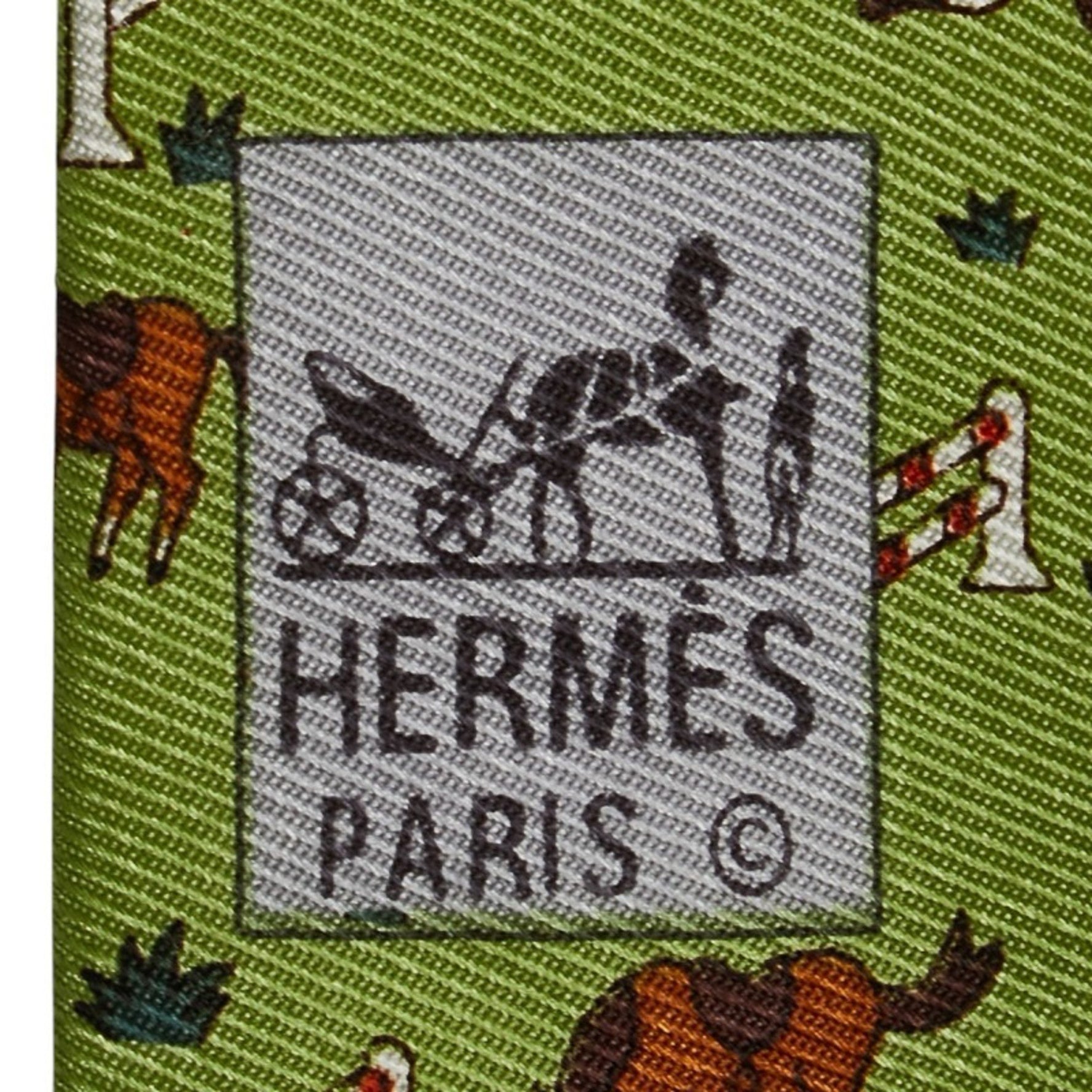 Hermes Hermès Horse Equestrian Motif Tie in Green, Brown, and Multicolor Silk