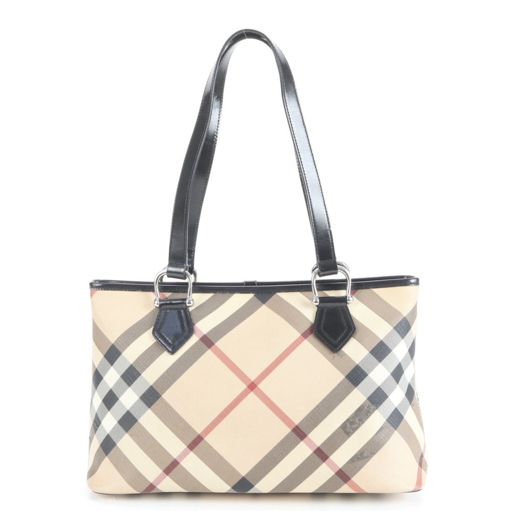 Burberry Nova Check Leather Tote Bag, Shoulder Handbag, Beige, Silver Hardware