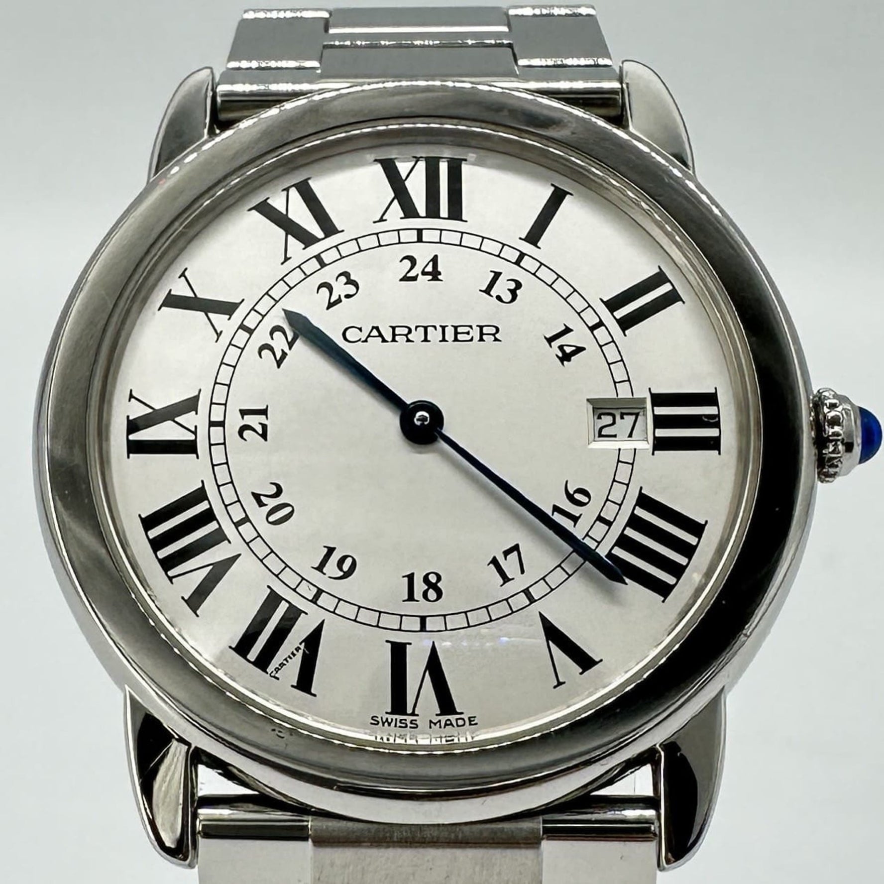 Cartier Rondo Solo LM de Watch with Date, Quartz Stainless Steel, White and Silver