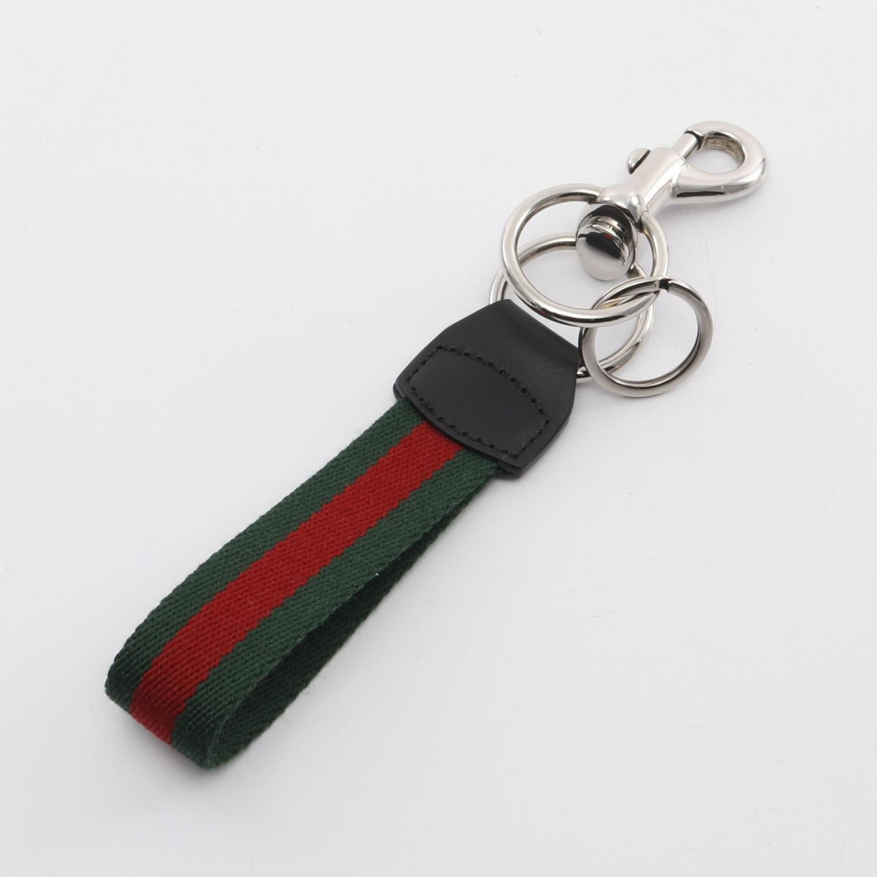 GUCCI Web Stripe Keychain Key Holder Canvas Leather Metal Black Red Green 8942