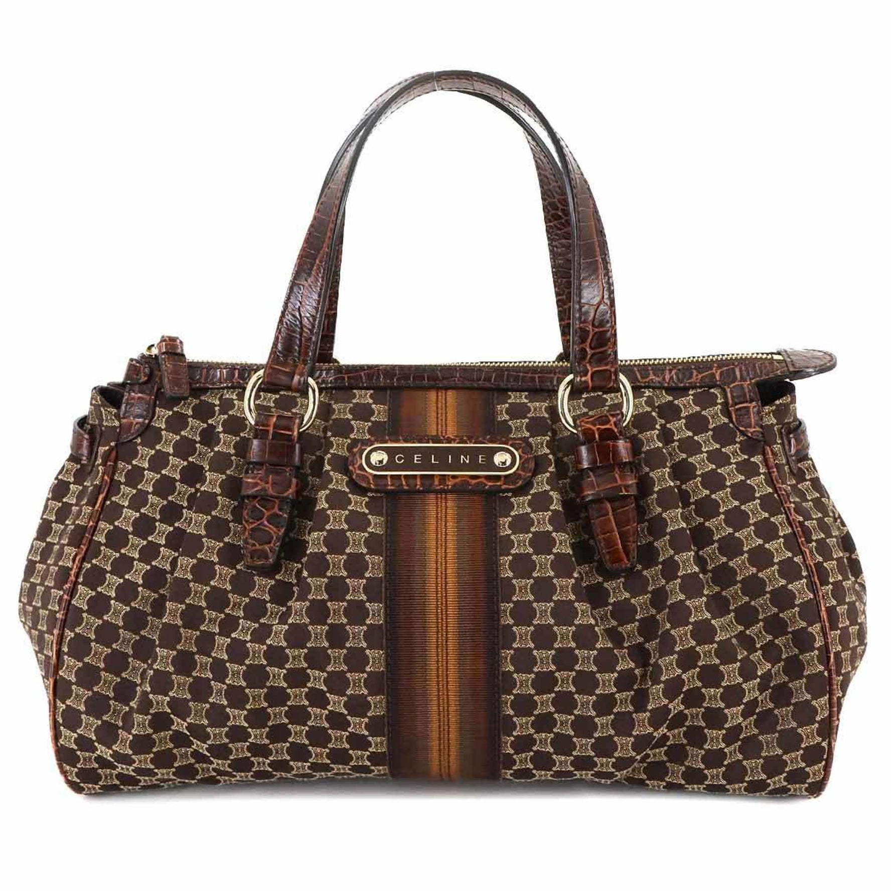 Celine Macadam Handbag in Dark Brown Canvas and Leather with Gold Hardware