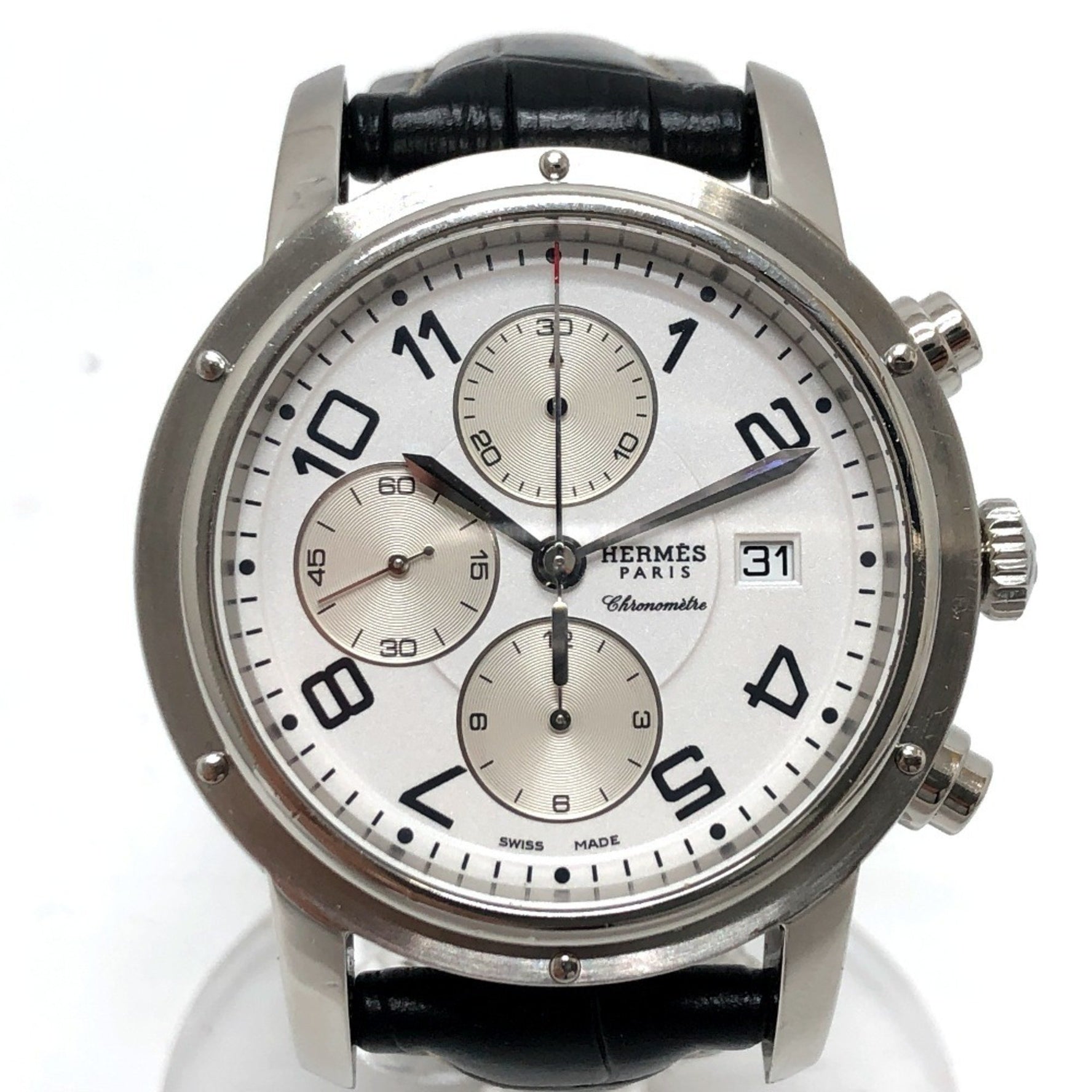HERMES Clipper Chrono Automatic Chronograph Date Wristwatch Watch SS Silver